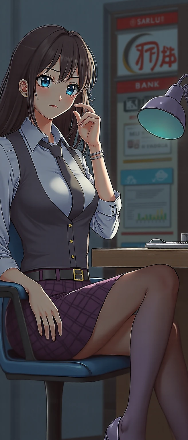 (masterpiece, best quality), a young black haired girl office secretary dressed in a transparent white blouse and black office skirt and black pantyhose ,sitting in an office chair, holding pencil, (detailed skin:1.3),(detailed eyes), (sharp focus), <lora:add_detail:1>