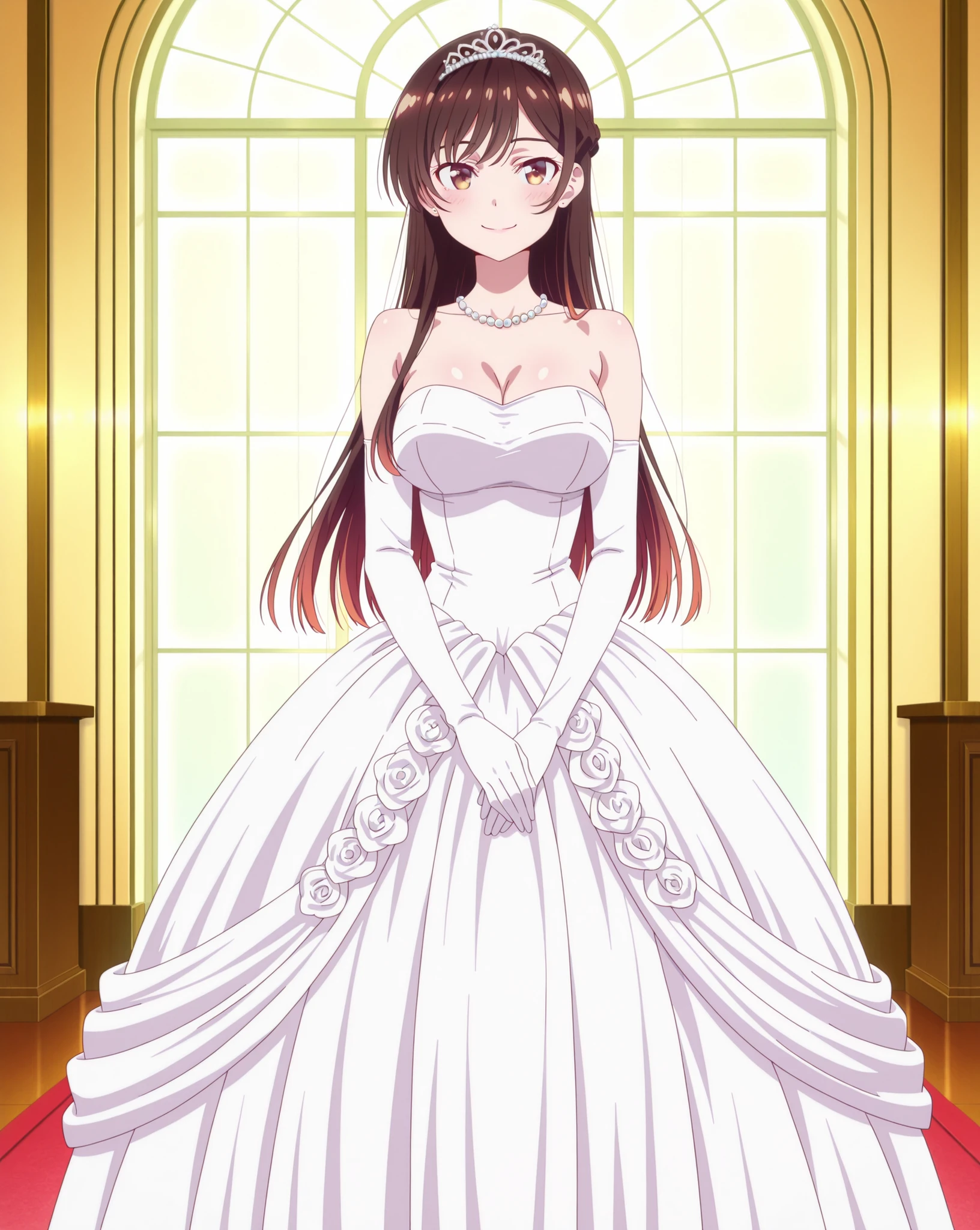 score_9, score_8_up, score_7_up, source_anime, anime coloring, anime screencap, 1 girl, solo, Chizuru Mizuhara (Kanojo Okarishimasu), brown hair, shiny hair, brown eyes, long hair, braid, happy expression, beautiful smile, closed mouth, white beautiful skin, gigantic breasts, standing, hands on lap, looking at viewer, slim body, full shot, white dress, wedding dress, strapless dress, long dress, bride, white gloves, elbow gloves, jewelry, pearl necklace, tiara, frills, indoors, bedroom