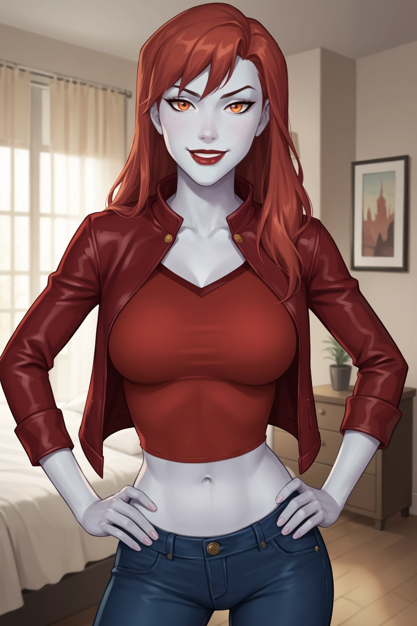 PonyXLV6_Scores BREAK (perfect anatomy, perfect eyes), BREAK mgann morzz, long hair, red hair, colored skin, frost white skin, orange eyes, makeup, dark red lipstick, ((looking at viewer)), superhero, red crop top, red leather jacket, red jeans, curvy, athletic, large breasts, indoors, smile, bedroom, confident expression, open jacket, long sleeve, hands on hips, raised eyebrow, seductive pose 