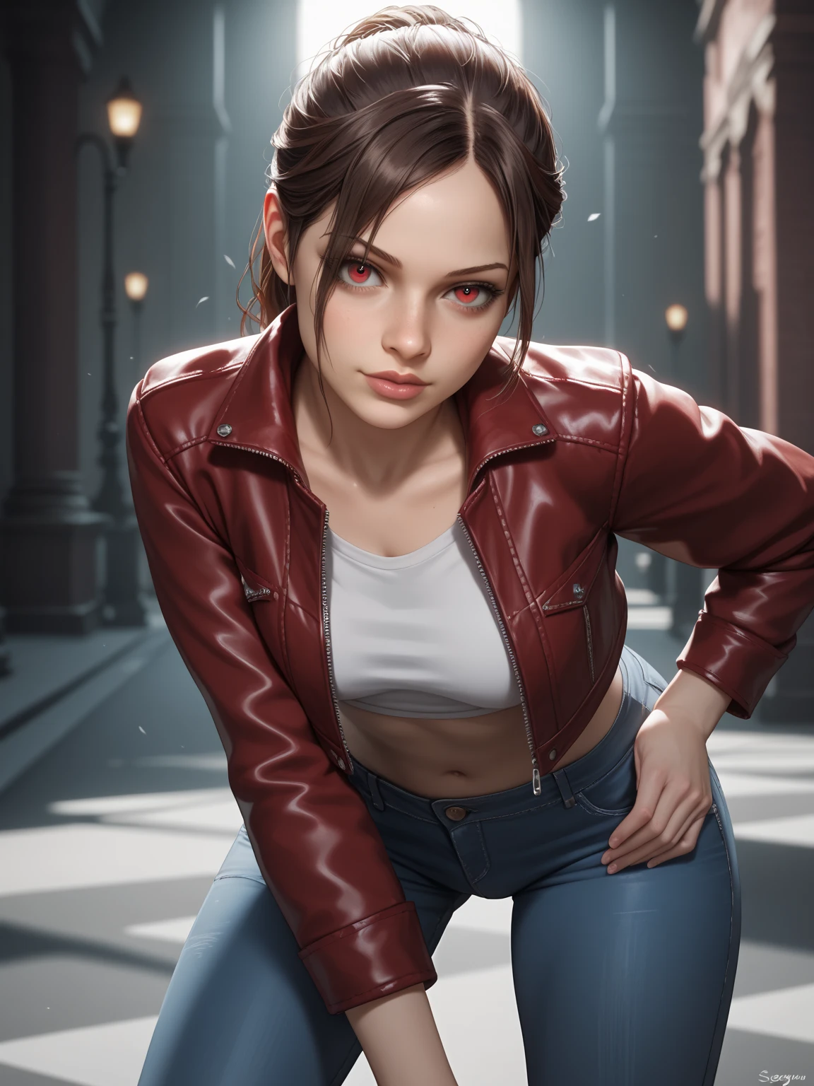 Claire Redfield, {{master part, best quality, CG extremamente detalhado, Unity 8k papel de parede, Cinematic lighting}}, 1girl, Mulher nova, corpo inteiro, dia ensolarado, belos olhos detalhados, (seios grandes, clivagem), Bunda redonda, looking up at the audience, long eyelashes