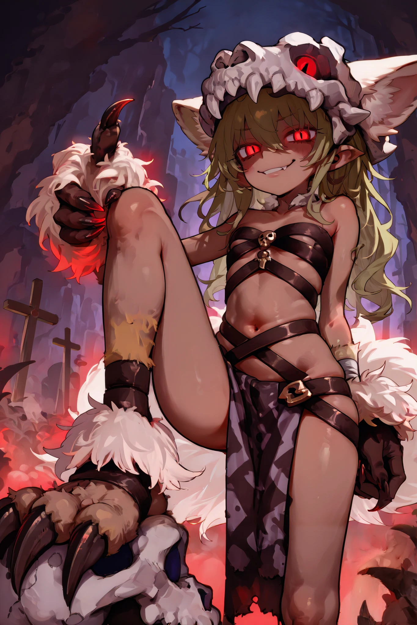In a dimly lit, mystical forest, a (petite slim slender ultra-firm athletic extreme Young evil dominant sadistic sinister smug fennec foxgirl:1.7) stands on one leg, (her brown skin:1.7) glistening in the faint moonlight. Her green hair cascades down her back like a waterfall of emeralds, and her oversized ears and tail twitch with an air of mischief. Her dominant sadistic sinister expression is set in stone, as if plotting world domination. The camera zooms in on her ultra-firm physique, highlighting her slim flat chest, pronounced toned physique, and ample hips. midriff,bandeau,gloves,white fur trim,loincloth,(skull helmet,claws, Shamanxl:1.6), while bandages adorn her wrists and legs. A loincloth and pelvic curtain, (cross belt bra:1.6) add to the shamanic allure, as if she's channeling ancient fox magic. The overall effect is a masterpiece of dark fantasy, with an eerie glow emanating from the shadows.(Insane Sinister look glowing evil eyes:1.6),stepdef, from below, standing on one leg, dominate sadistic sinister (stepped on human skull:1.3), feet toes, huge fennec fox ears, big sexy butt