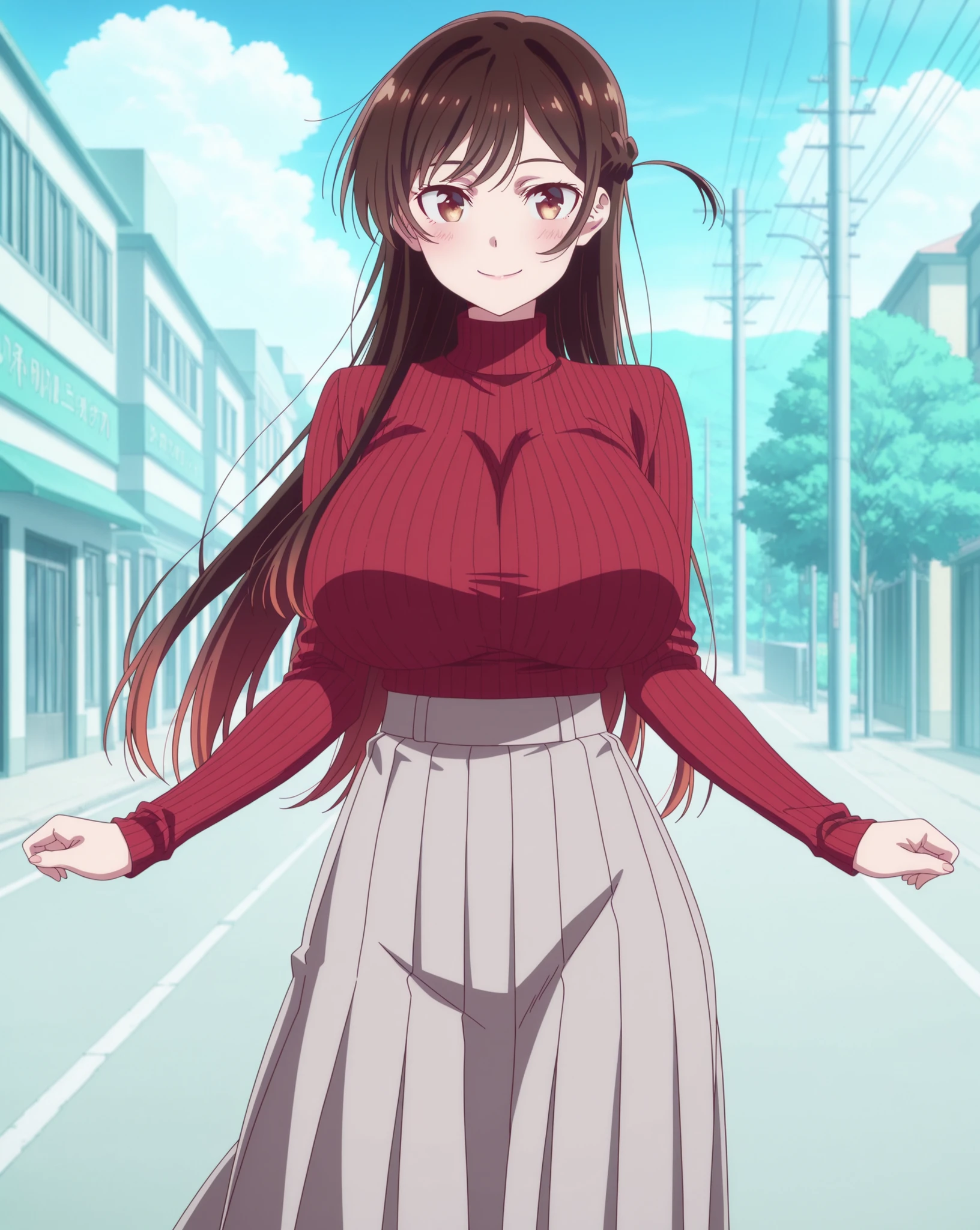 score_9, score_8_up, score_7_up, source_anime, anime coloring, anime screencap, 1 girl, solo, Chizuru Mizuhara (Kanojo Okarishimasu), brown hair, shiny hair, brown eyes, long hair, braid, loving smile, white beautiful skin, huge breasts, standing, hands on lap, looking at viewer, slim body, dynamic pose, red turtleneck sweater, ribbed sweater, pleated grey skirt, long skirt, outdoors, day, streets