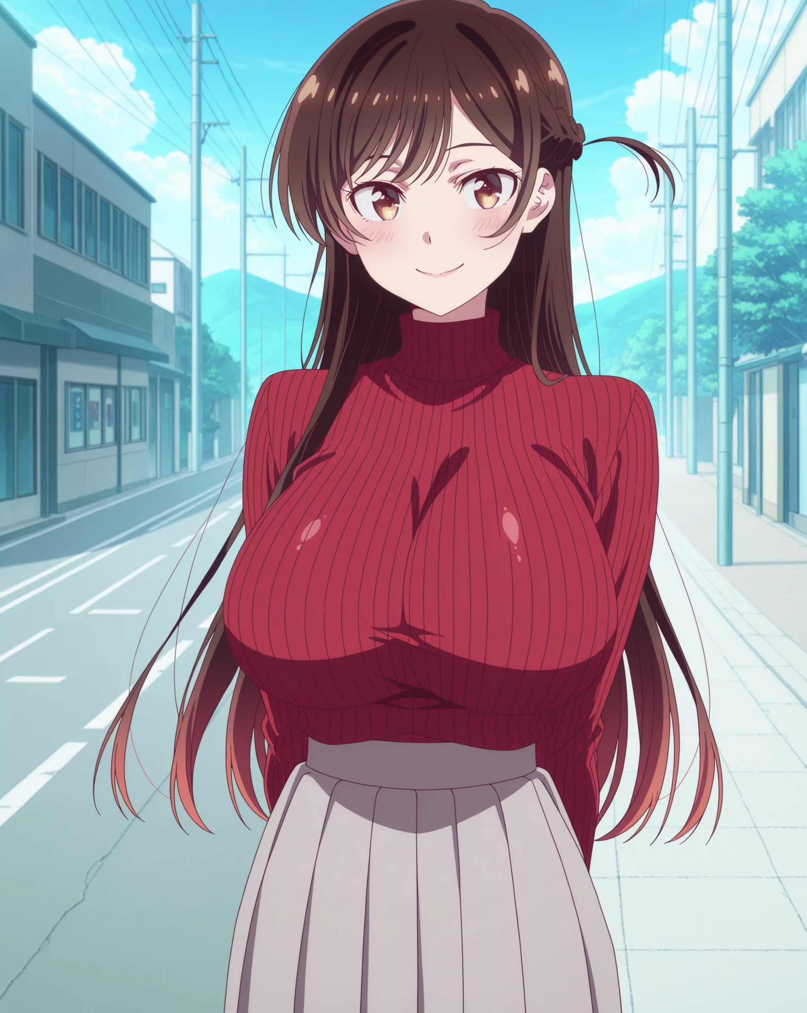 score_9, score_8_up, score_7_up, source_anime, anime coloring, anime screencap, 1 girl, solo, Chizuru Mizuhara (Kanojo Okarishimasu), brown hair, shiny hair, brown eyes, long hair, braid, loving smile, white beautiful skin, huge breasts, standing, hands on lap, looking at viewer, slim body, red turtleneck sweater, ribbed sweater, pleated grey skirt, long skirt, outdoors, day, streets