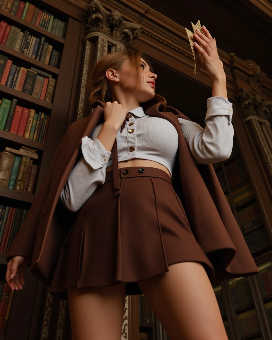 realistic rhaenyra in library pantyhose skirt, beautiful face, no bra behind top, great lightning