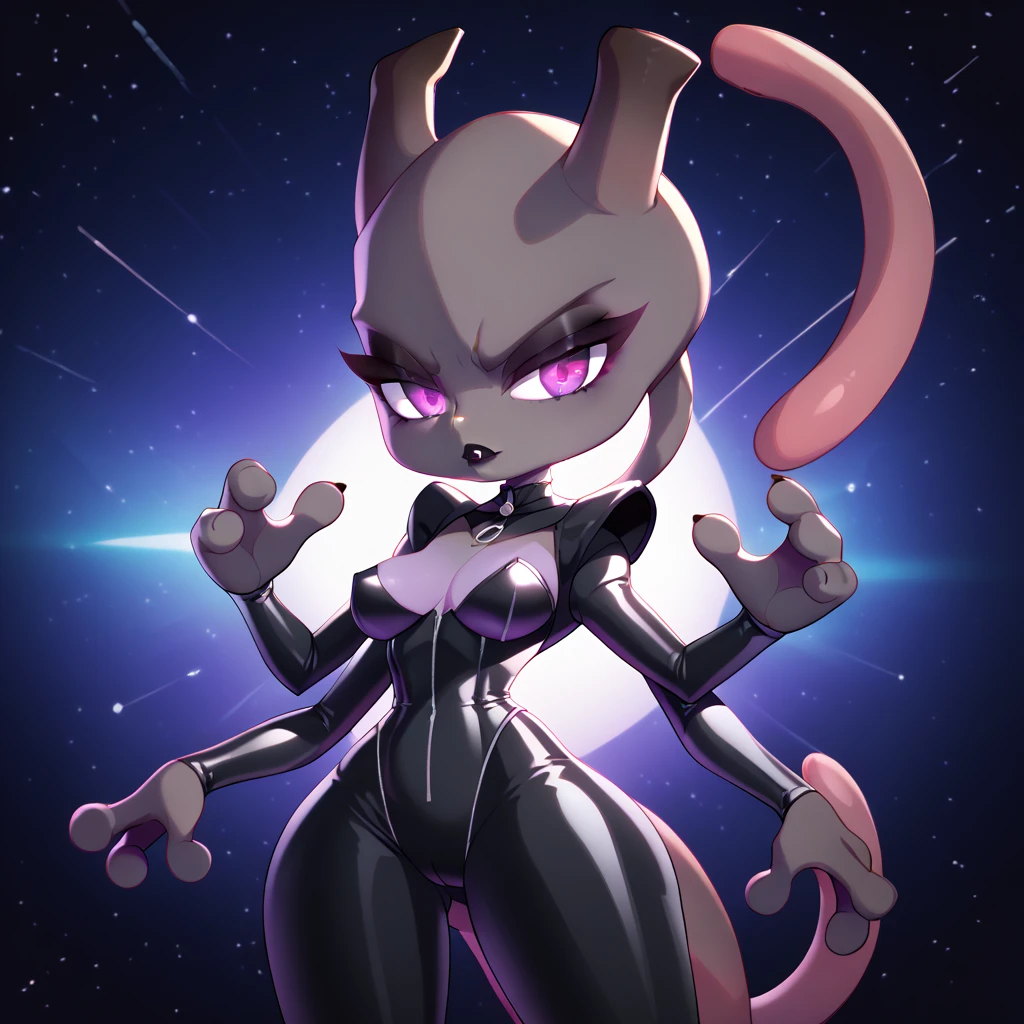 1girl, (anthro furry:1.4), SDJuliaMouse, (mouse, snout, buckteeth, ear piercing, notched ear), (bodysuit, evil grin, constricted pupils, fist, green eyeshadow), (standing, laboratory), (by wildblur), ((best quality:1.4), highres, crisp clean),