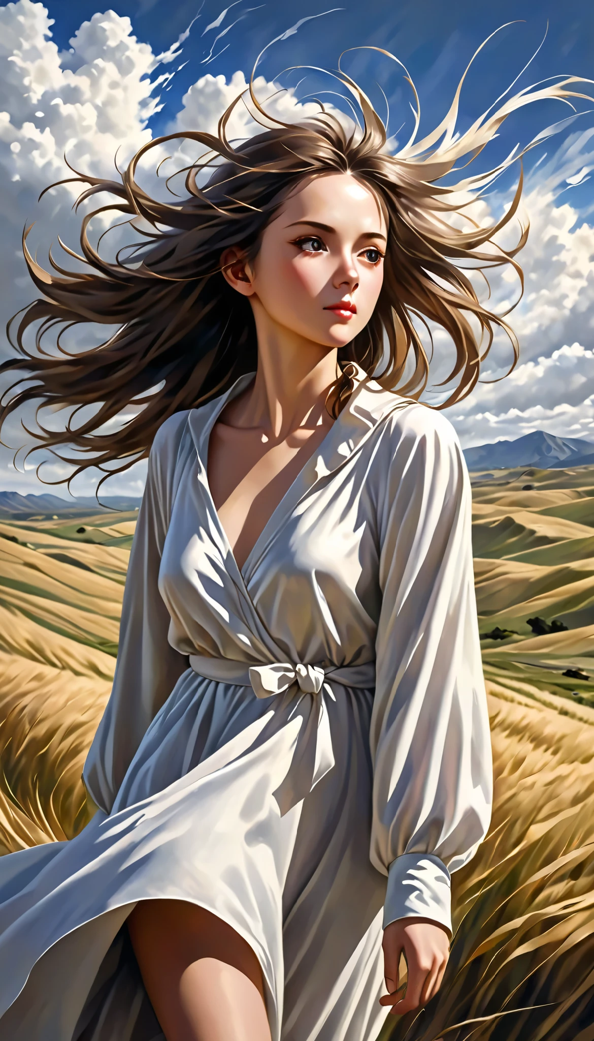 Walking in the Wind, portrait of a human figure walking in a windy landscape,  calm expression ,  relaxed pose , Realistic details,  Wind Effects ,  cloudy sky , soft tones,  oil painting, high resolution, Detalles exquisitos, Photorealistic