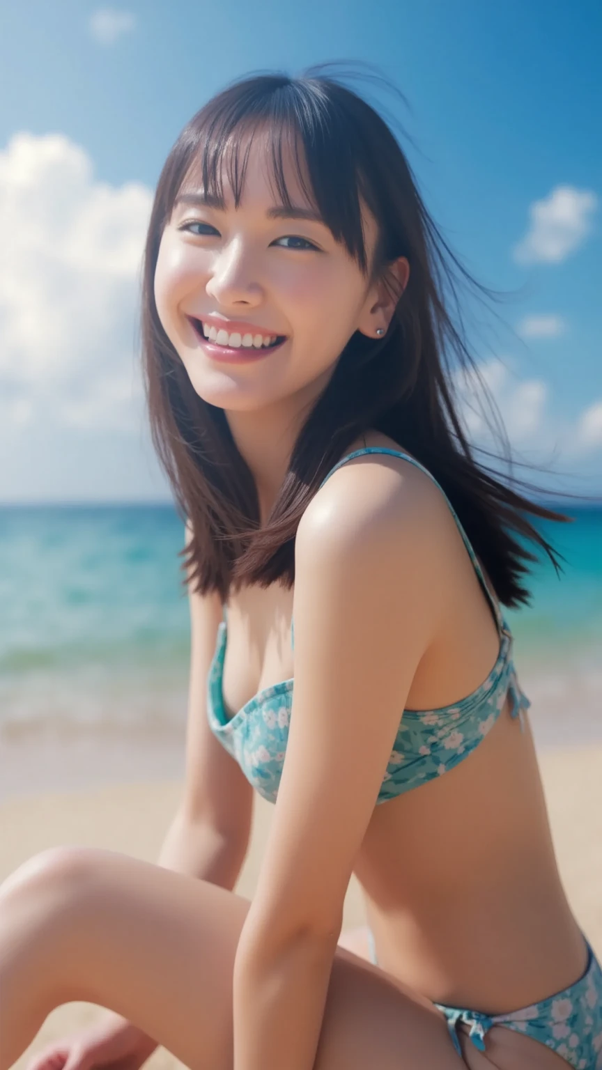 nsfw,masutepiece, Best Quality, Photorealsitic, finely detail, hight resolution,beautiful japanese woman,beautiful detailed eyes, beautiful detailed lips, extremely detailed face, small head, small areola, cinematic lighting, photorealistic, 8k, high quality, hyper detailed,(look at viewer:1.3),(blue micro bikini:1.4),(sea),(medium breasts:1.2),(inoueseika),slender,beautifull legs,(bokeh:1.3), (leaning forward:1.3), (hands on knees:1.3)