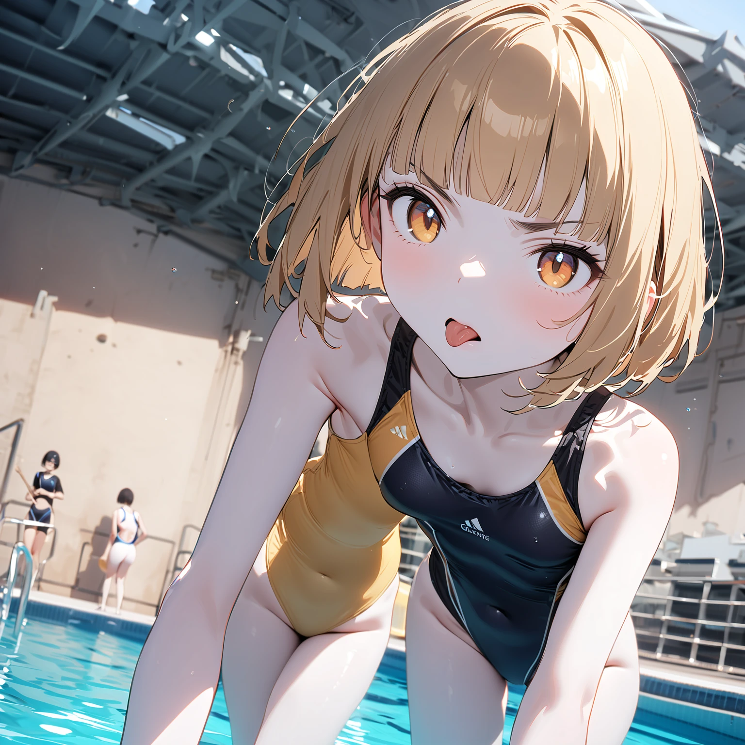 Slender beautiful girl, alone, white school swimsuit, high resolution, top quality, fine details, no blush, knee high, dynamic angles, cinematic lighting, hair raking, small breasts