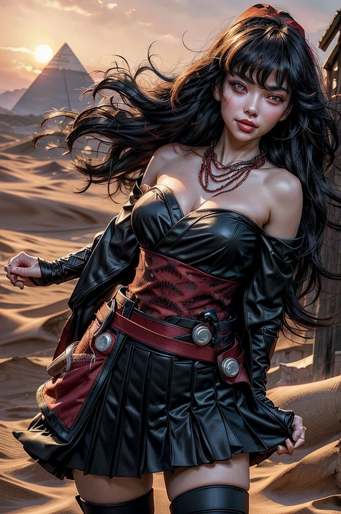 medieval setting, full view of body, 1 skinny female with large breast, beatiful smokey green eyes, black hair pinned up, shoulder free beautiful kurtisan dress, red scarf around her neck, eerie sunset