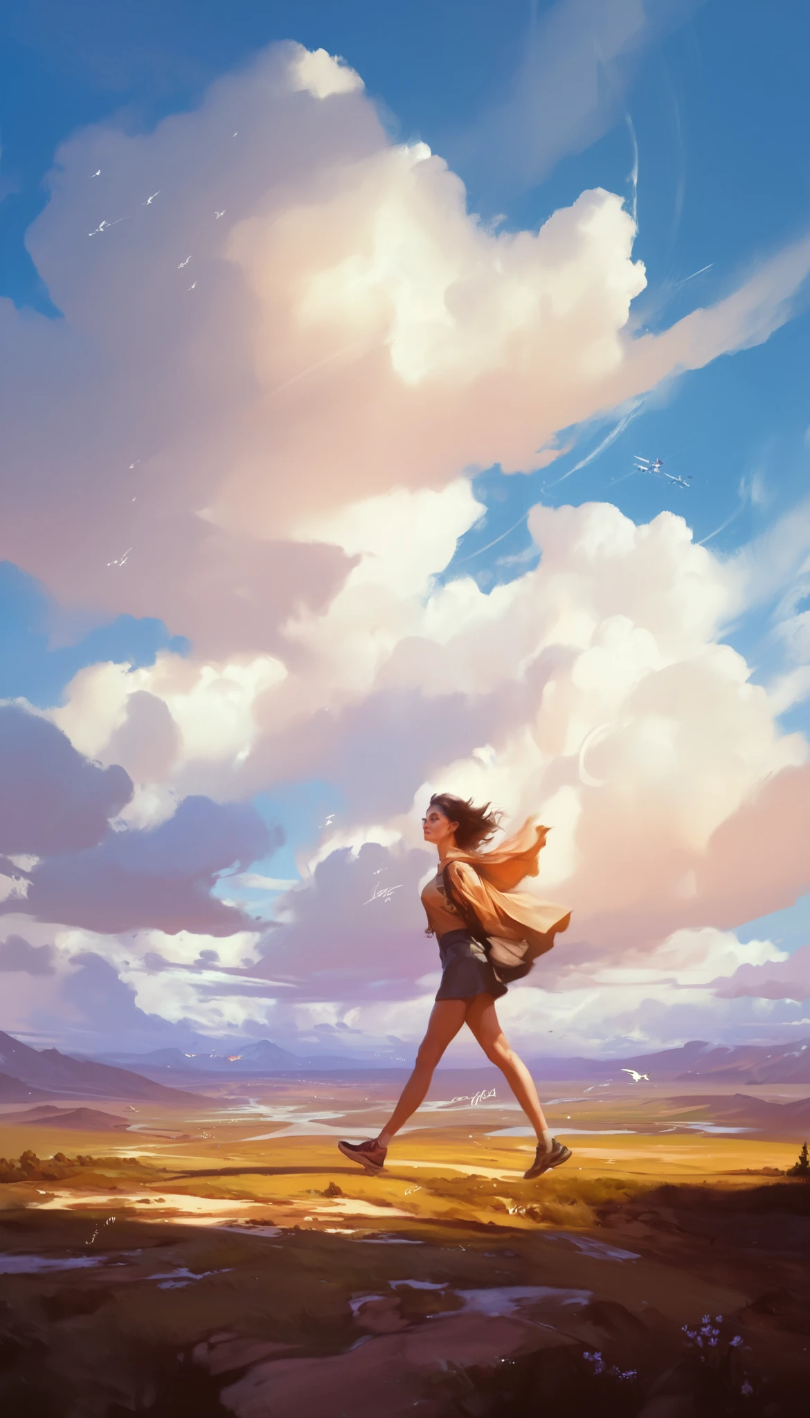 Walking in the Wind, portrait of a human figure walking in a windy landscape, calm expression , relaxed pose , Realistic details, Wind Effects , cloudy sky , soft tones, oil painting, high resolution, Detalles exquisitos, Photorealistic, and_neg1