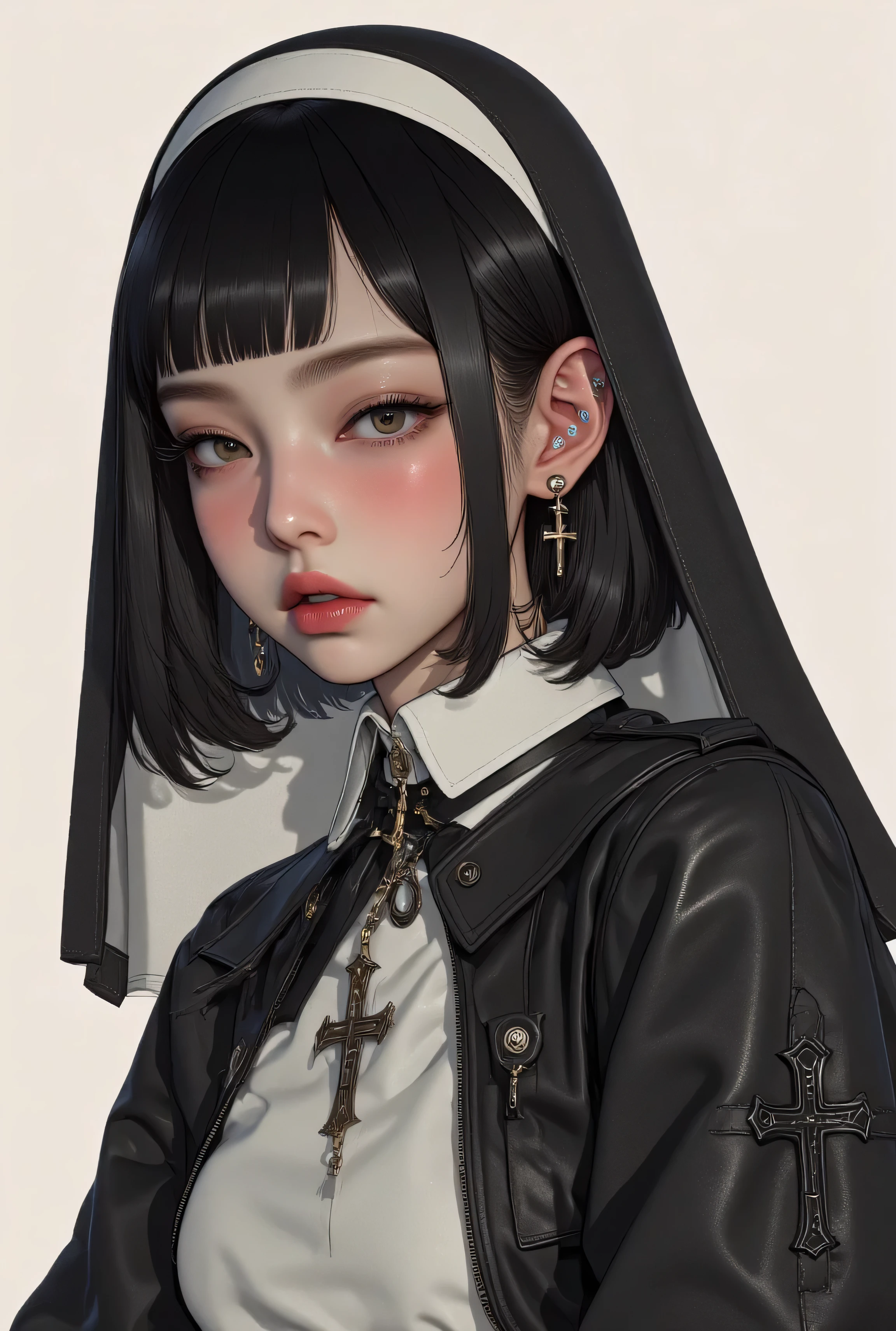 (1 girl, french bob black haircut, ,,, nun girl attire, oily skin, blush,wet skin