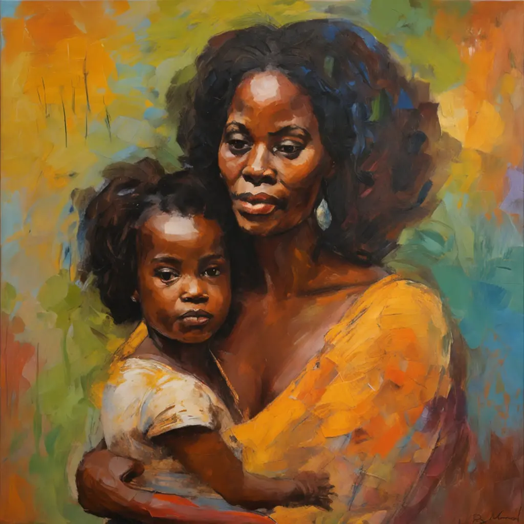 A closeup of mother holding an infant child in her arms, African, Negroid, african hair, picasso style, (heavy brushstrokes:1.2), vibrant colors, (thick impasto:1.3), (angled composition:1.1), dramatic shadows, (dramatic lighting:1.2), peaceful atmosphere, serene, (expressive brushwork:1.1), (stylized details:1.2), tranquil setting, (dreamlike quality:1.3), impressionistic, post-impressionist.