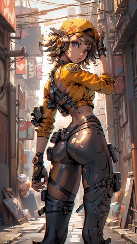 (rear view, backside view),(La mejor calidad,A high resolution,Ultra - detallado,actual),Ariana Grande, 1 chica, Solo, Caderas anchas, linda pose, trazador, By the chestnut, brown bomber jacket, Chest harness, Vambraces blancos, Traje naranja, leggings naranjas, cabello corto, Brown eyes, little mom, antecedentes detallados, cara detallada, ojos detallados, backwards cap, Auriculares puestos, More detailed 8K.motor irreal:1.4,UHD,La mejor calidad:1.4, fotorrealista:1.4, textura de la piel:1.4, obra maestra:1.8,obra-prima, mejor calidad,objeto Objeto], (detailed face features:1.3),(Las proporciones correctas),(Ojos hermosos azules),  (pose vaquero), ,( ciberpunk 2.1), (convexo dedos detallados) 