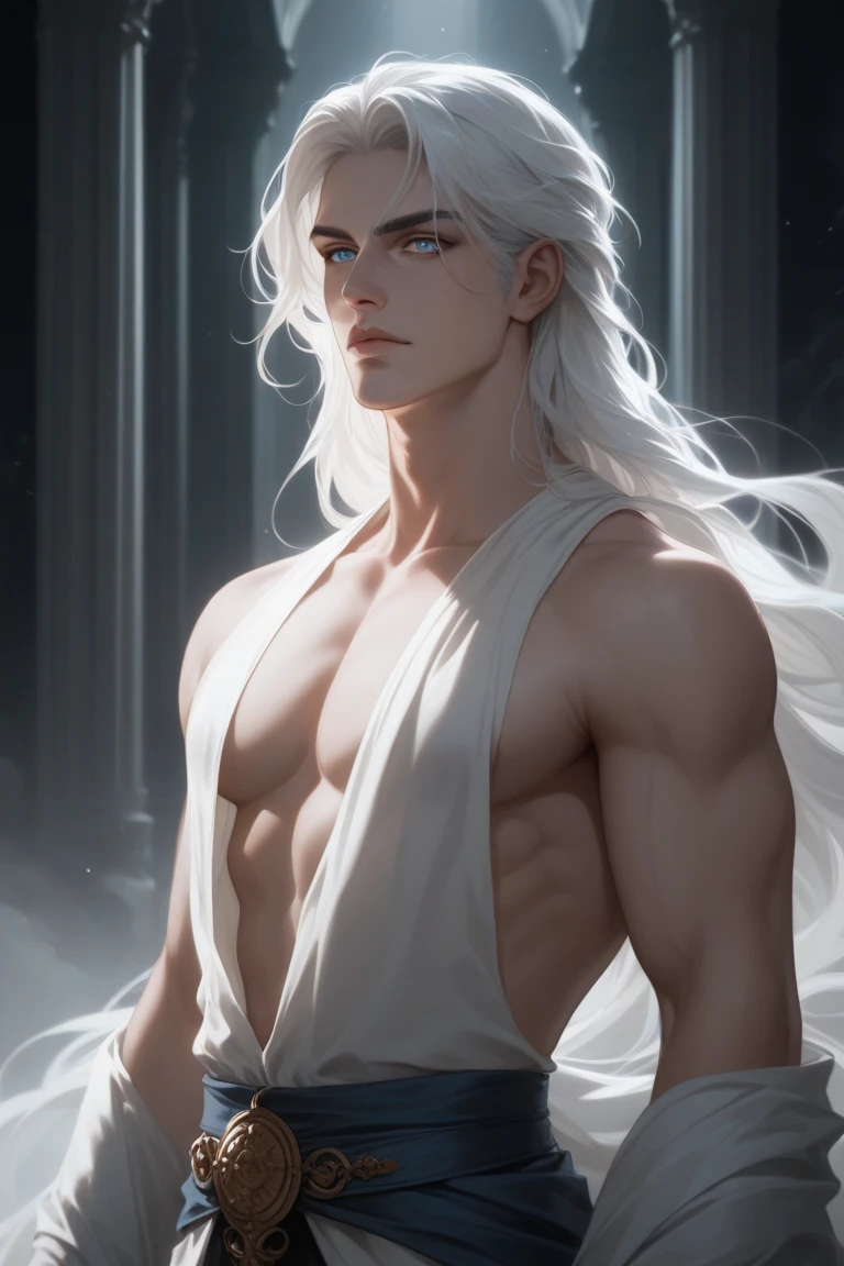 a young adult man with shoulder-length white hair and blue eyes, Nube is a fox demi-human, arctic fox, His white ears on top of his head and his long tail stood out in his appearance along with his multi-colored eyes., one yellow and one red**



