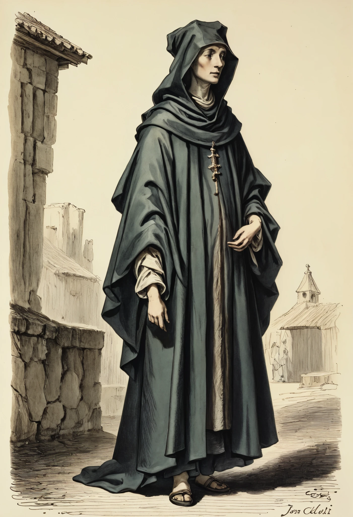 a drawing of a wooman in a hat and cloak, by Jacques Callot, wearing a flowing cloak, monohrome, black and vite, inspired by Jacques Callot, concept art of a monk, picture of a male cleric, 19th century woodcut, dressed in a 1st and 2nd century, pen-and-ink illustration, pen-and - ink illustration, monk, low