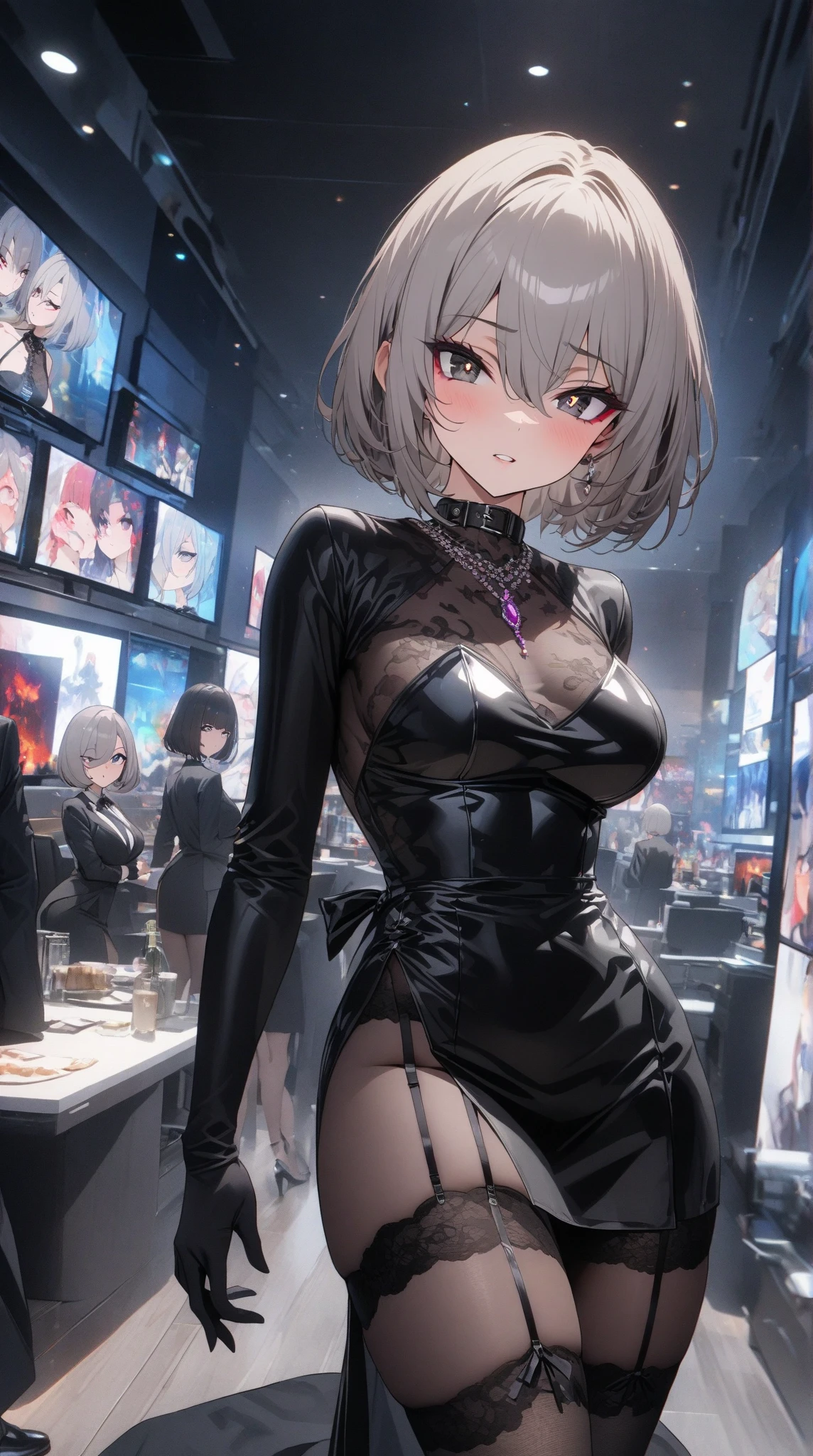 masutepiece, Best Quality, pixiv, Cool Girl, Lots of piercings, earrings, Blonde hair, (Dark skin), Gal、Sit in a public toilet、fellatio gesture、Black skin、Bad smile、Bad girl