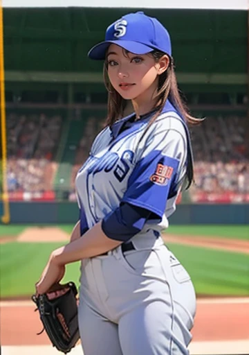 (Very beautiful face details), (highest quality:1.4), 8K resolution, High resolution, 1 Female, Beautiful woman, The ultimate beauty, Very beautiful detailed face, Smooth Skin, Beautiful eyes in every detail, Official portraiture, Fine skin, Apply gloss to your lips, Lips parted, Japanese, Baseball uniforms, Baseball cap,, Big Breasts, Narrow waist, Big Ass, pitcher, throw, Play baseball, dynamic, Motion Blur, baseball Ground, sweating, Sweat splashes,