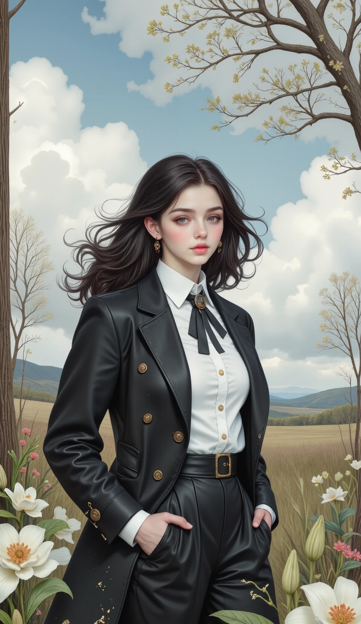 Walking in the Wind, portrait of a human figure walking in a windy landscape, calm expression , relaxed pose , Realistic details, Wind Effects , cloudy sky , soft tones, oil painting, high resolution, Detalles exquisitos, Photorealistic, and_neg1