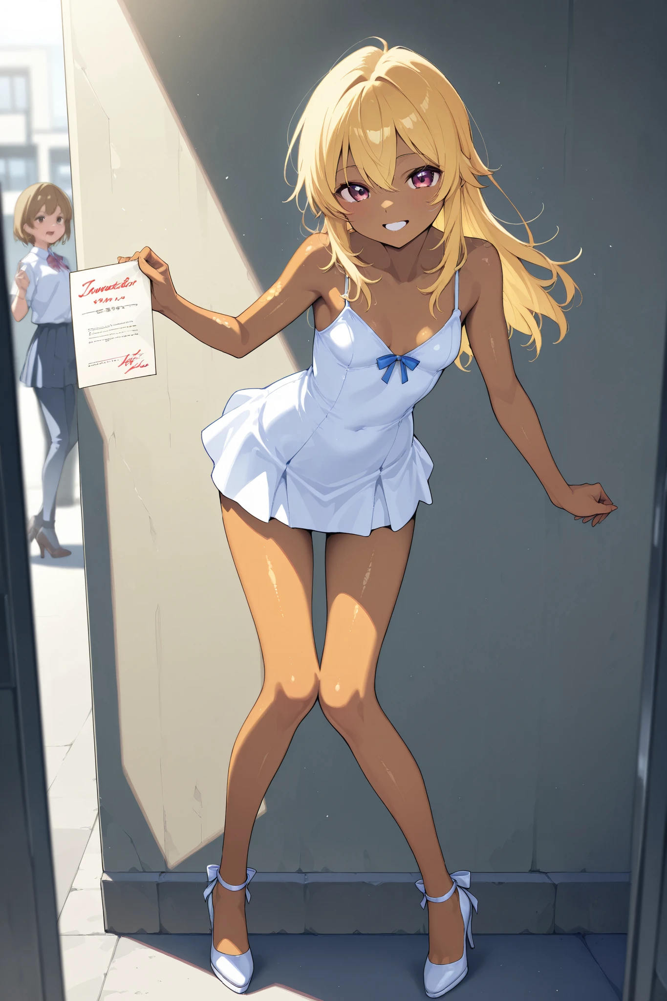 A high school girl is riding a Honda repsol MotoGP , matte brown skin , small breasts, video, yellow hair , invitation, top quality, textured skin, thin legs 、 High Heels、 MOVIE LIGHT EFFECT,