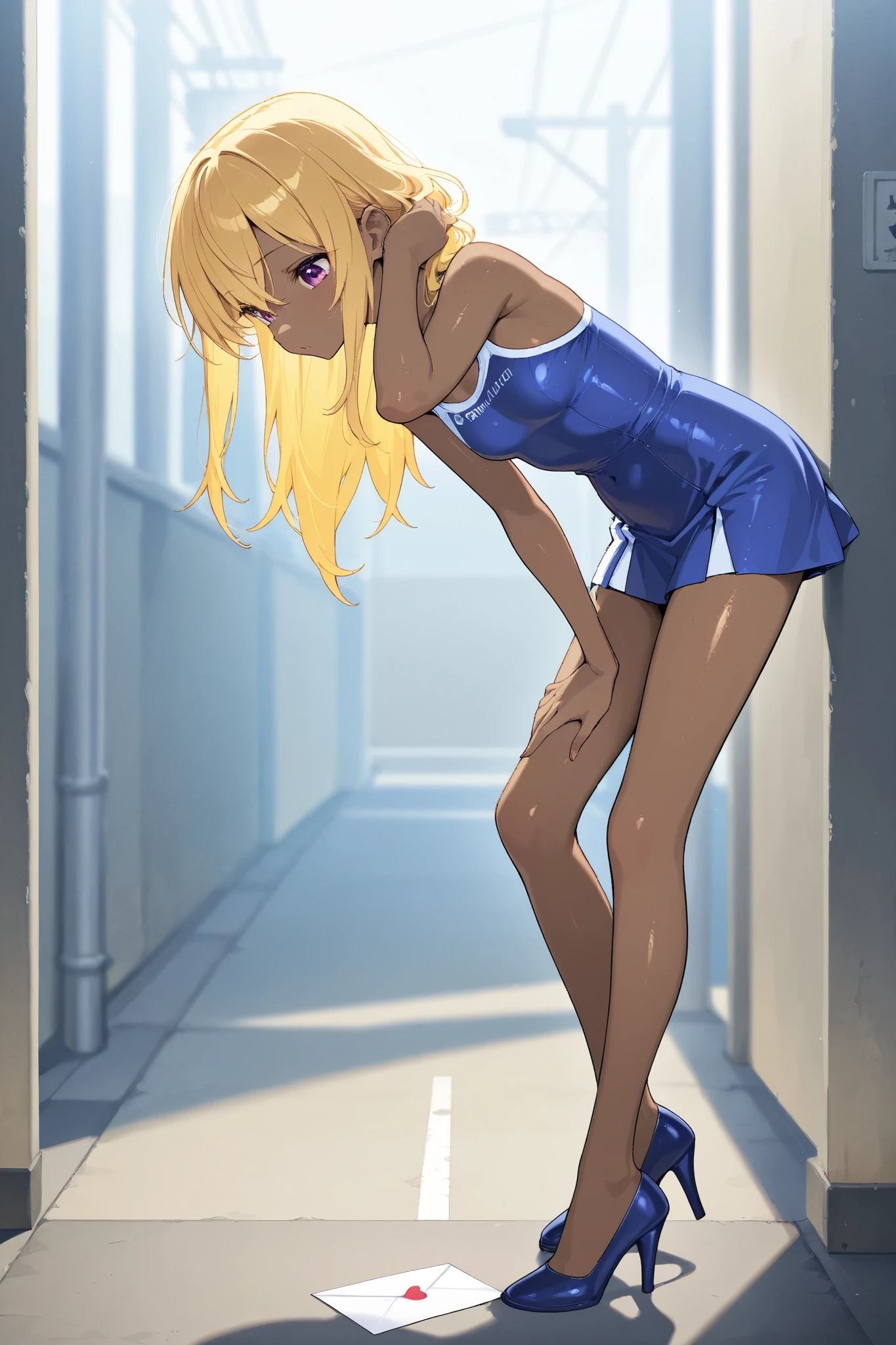 A high school girl is riding a Honda repsol MotoGP , matte brown skin , small breasts, video, yellow hair , invitation, top quality, textured skin, thin legs 、 High Heels、 MOVIE LIGHT EFFECT,