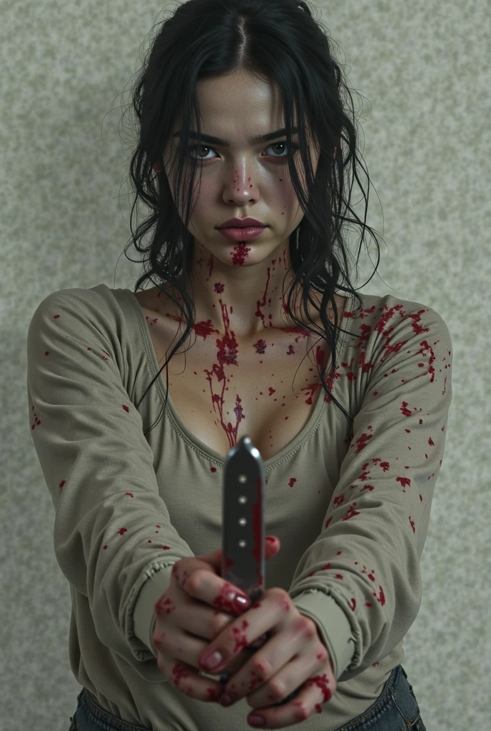 Crying in agony, lara Croft, holding a bloody knife, her lower chest is bloodied and wounded