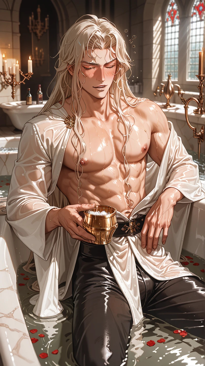 "Against the backdrop of the lights of the Golden Age, this tip has a surrealistic style and a dreamy atmosphere. The scene depicts a young man with silver hair, fair skin, deep eyes, and a high nose taking a shower. Close-up above waist, tanned body, little beard