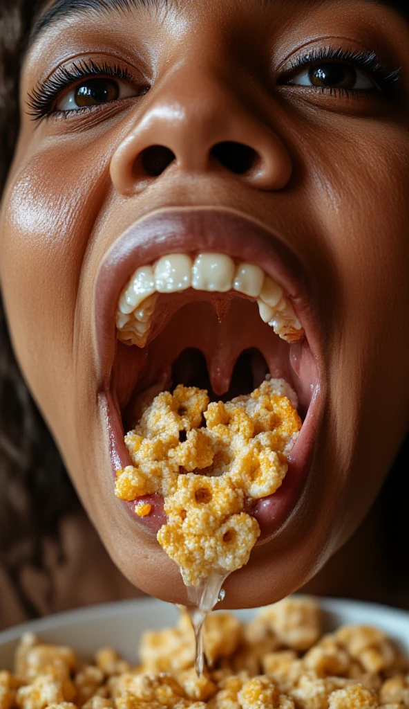 A hyper-realistic scene of a women at the kitchen table eating cereal, she shows the viewer the contents of her chewed up cereal (being playfully)、licking  viewer, 1 girl,lip,( saliva ), Staring  _in_ viewer,,tongue_outside,flap,length_tongue,thick lips, drool with passengers, Fisheye Lens ,close-up,Show your nostrils,Emphasise the nostrils,, mouth very wide,, A 30 years old gorgeous bbw black woman. (((Extreme zoom in of her mouth, close up, saliva stand falling from roof of mouth))) ((a playful expression on her face)) (((cereal, chewed up, in her mouth)))
