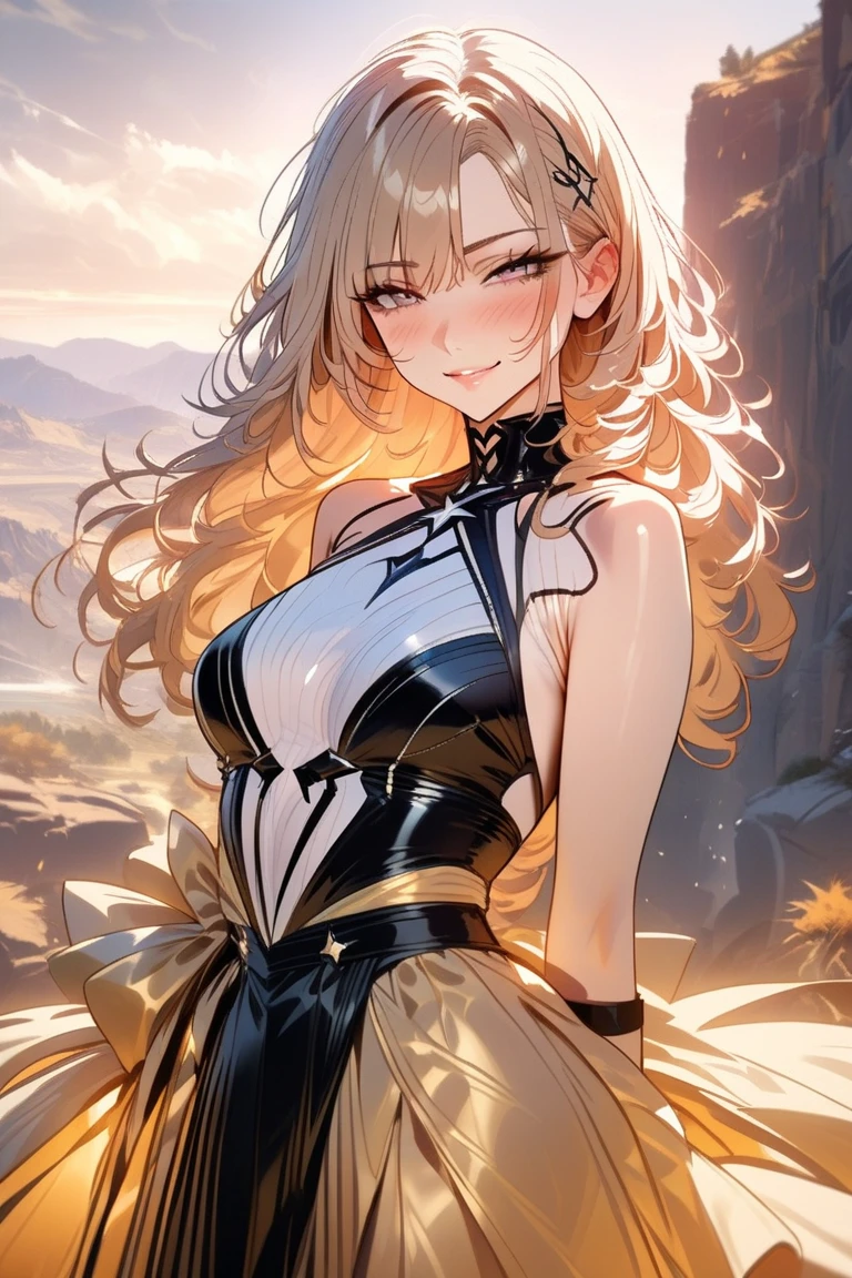 beautiful girl, long grey hair, beautiful face,smiling,close up to hips, beautiful breast, in the middle of flowers field, (open mouth:0.4),illustration,detailed textures(realists),ultra-detailed,portrait style,vivid colors,soft lighting, blushing, mature, hair fluttering, evening light , head band, keyhole cleavages , no bras