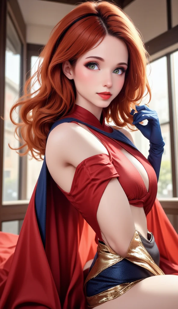 Best quality, 4k, beautiful 30 year old woman, blue and red mage robe, blue eyes, long red hair, cleavage, big breasts, sunny wizard tower background, sunset, upper body,