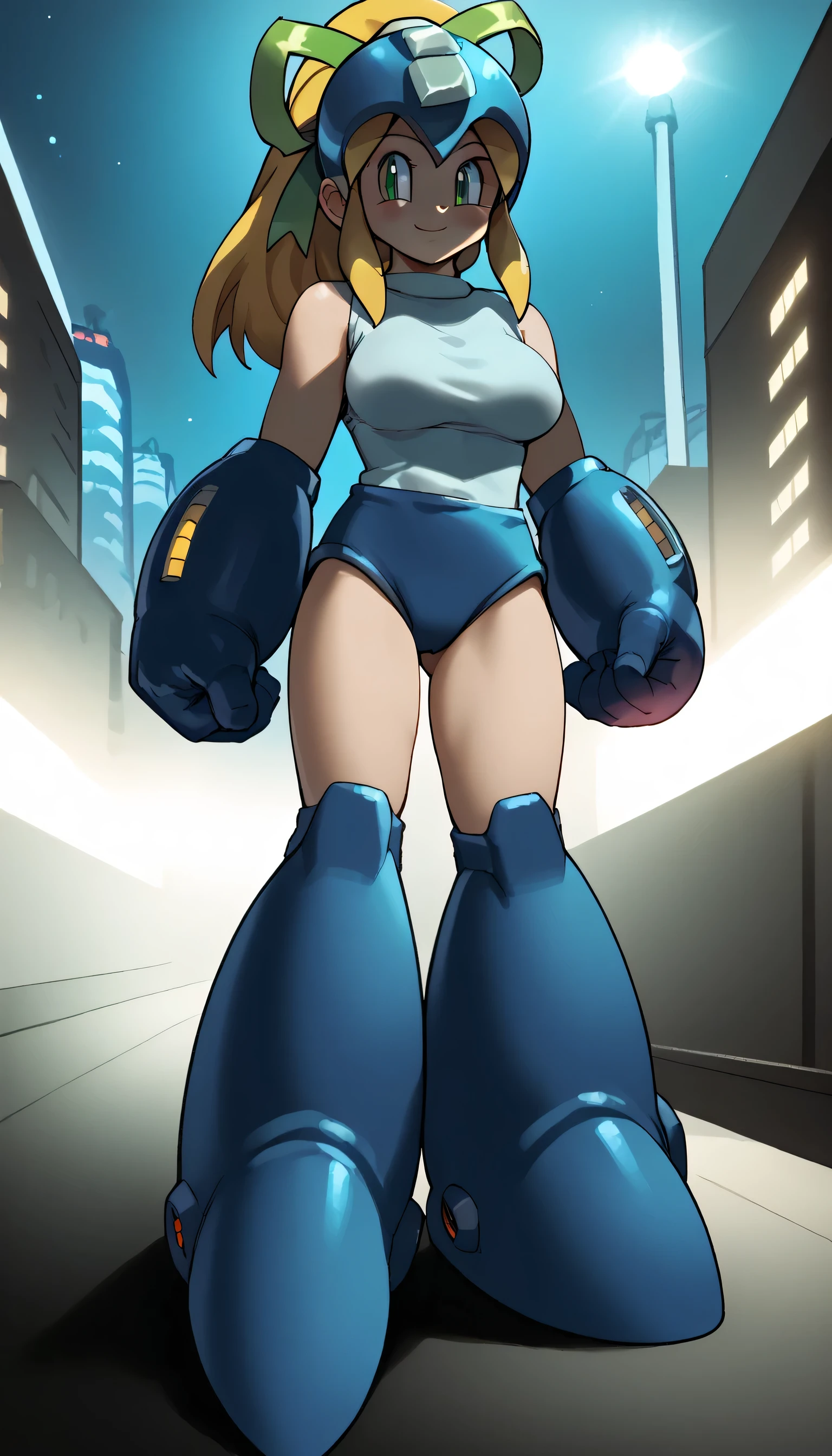 Large breast, ,Give your images flat even illumination (negative) or dramatic chiaroscuro lighting (positive). ,1girl, smile, breasts, looking_at_viewer,Roll (Mega man), android, long hair, blush, bangs, blonde hair, green eyes, hair ribbon, ponytail, Futuristic city, night, lights,blue helmet、 Blue bodysuit that covers flat ,Thin arms,full body