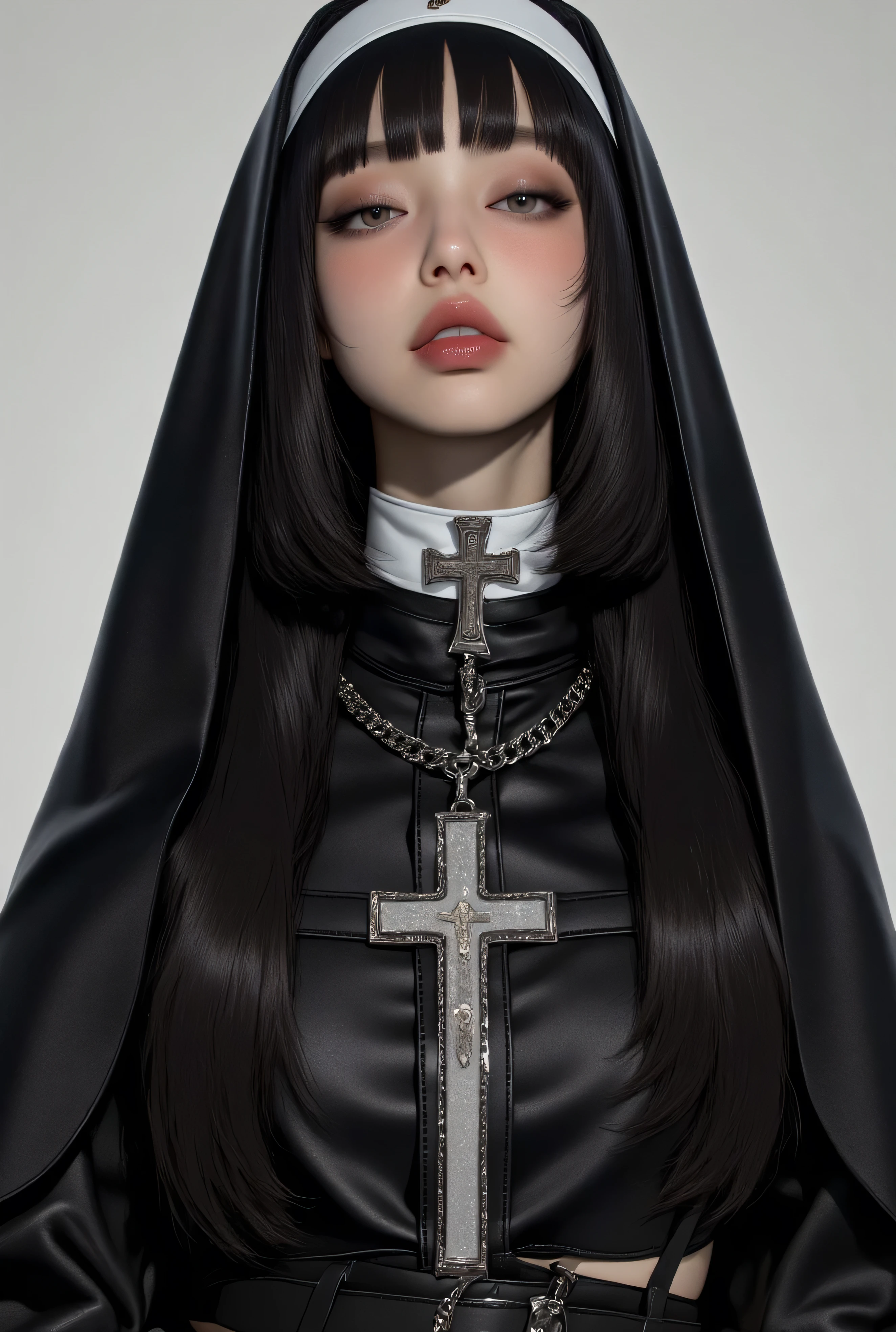 (1 girl, french bob black haircut, ,,, nun girl attire, oily skin, blush,, jennie kim, black lips
