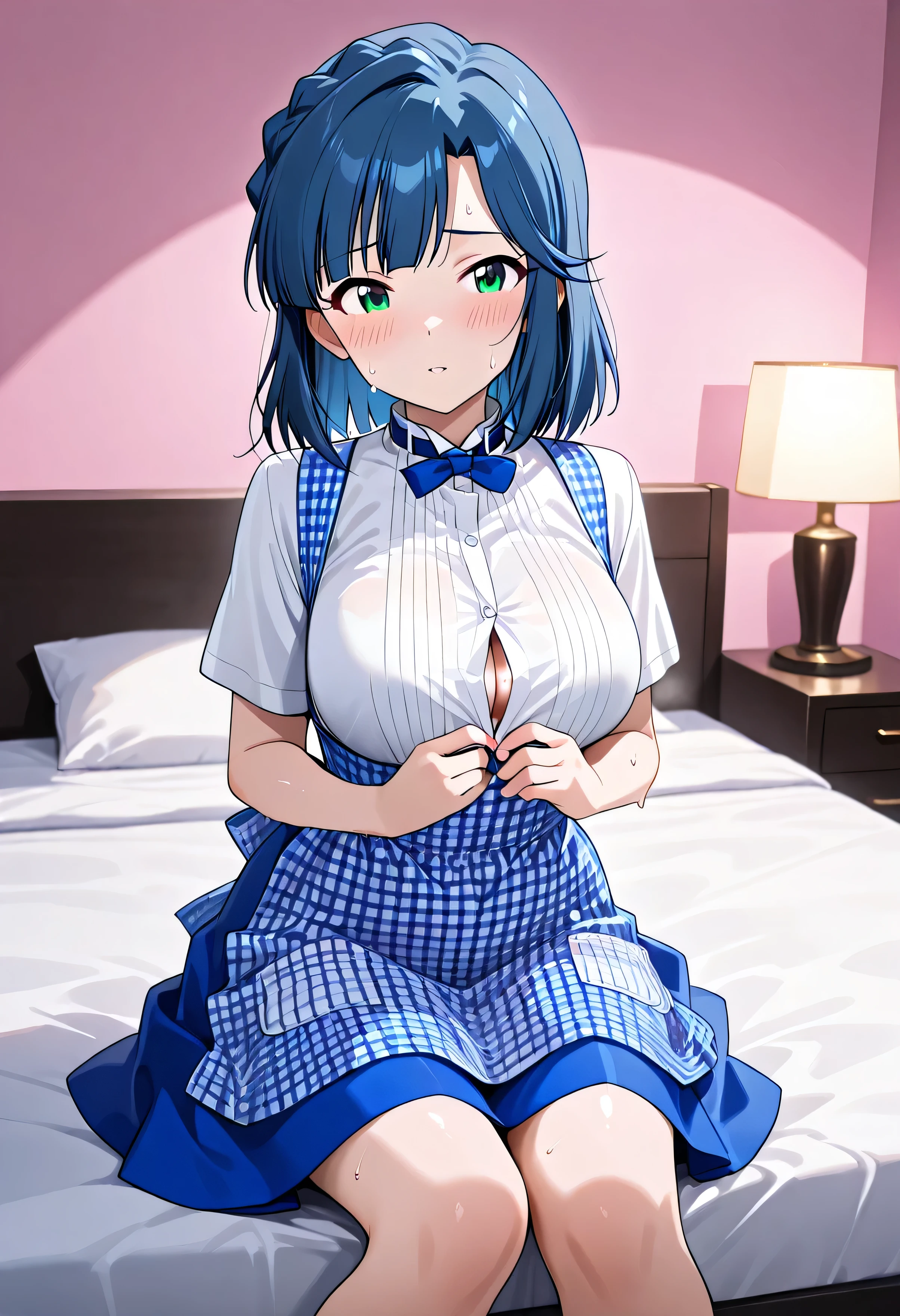((masterpiece)), ((best quality)), (ultra-detailed), absurdres, extremely detailed CG unity 8k wallpaper, Official Art, beautiful face, expressive eyes, solo, 1girl, mature female, milf, motherly, huge breasts, wide hips, sharp eyelashes, lips, aqua hair, red eyes, hair between eyes, medium hair, scenery, clinic, illustration, dramatic lighting, sitting,, ((masterpiece)), , absurdres, HDR, big breasts, blush, navel,grab breasts, grabbing breasts, bouncing breasts, hand on own breasts, madure, sexy, hot, nude, sitting, bed, seductive smile, crazy smile, ass, big ass, side, on side,