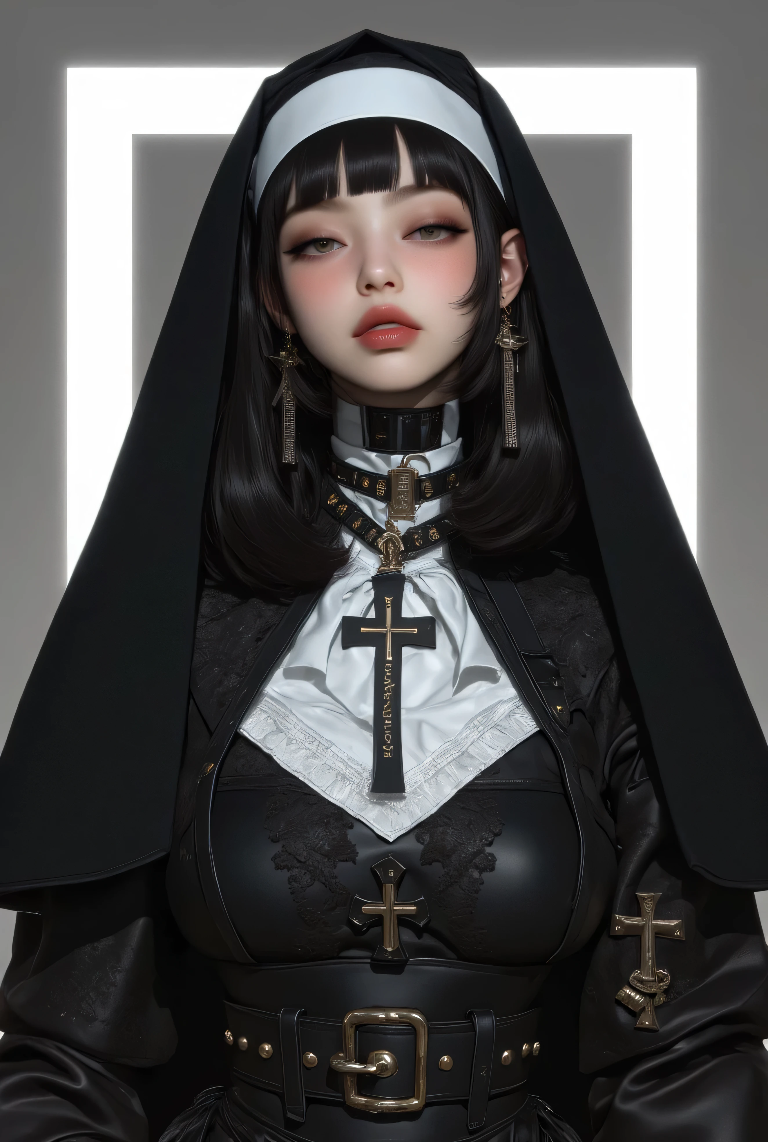 (1 girl, french bob black haircut, ,,, nun girl attire, oily skin, blush,, jennie kim, black lips
