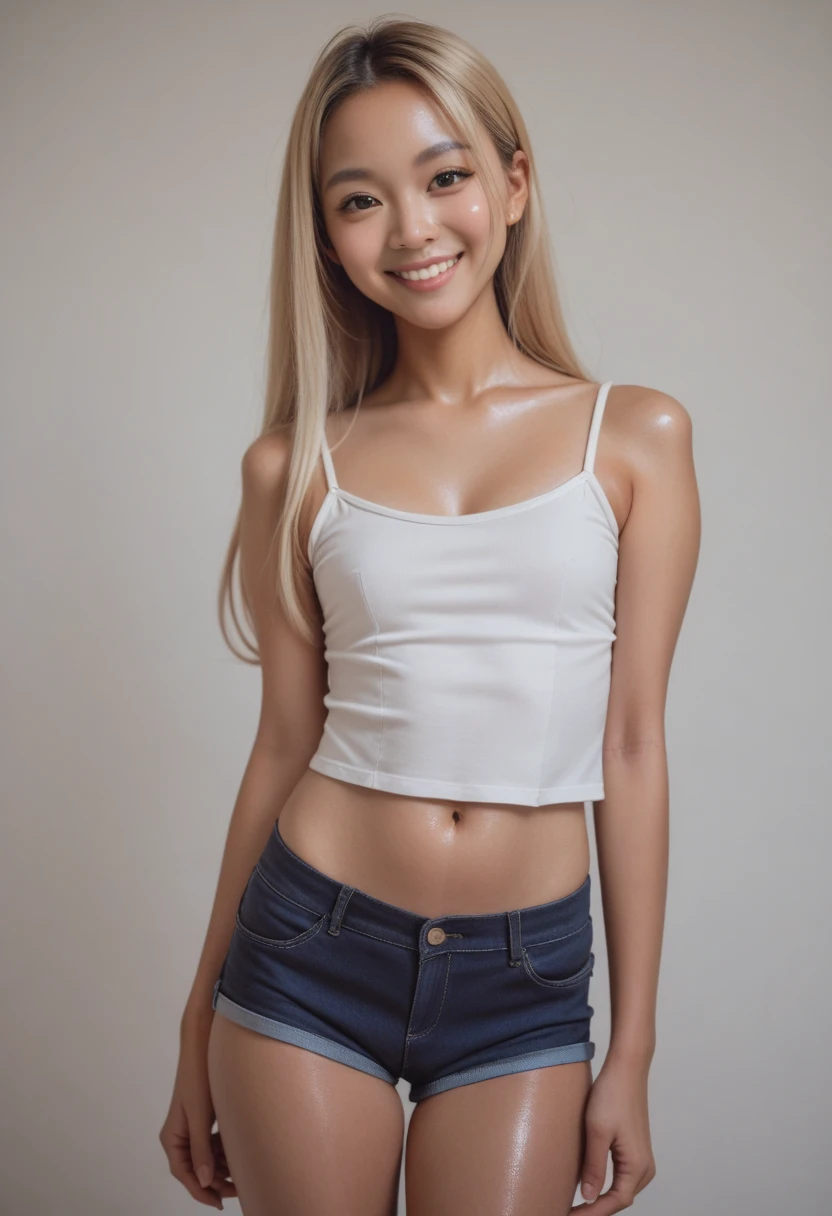 1 Japanese beautiful girl,28yo girl, Super beautiful detailed face, (smile:1.4), earrings, (blonde semi-long straight hair with parted bangs:1.6), (gyaru:1.3),(Slender body:1.5), (neutral-colored large areola:1.4), (hairy pussy:1.1),(camel toe), (no bra:1.3), (nipples poking through shirt), (nipples), BREAK, masterpiece, best quality, ultra quality, high quality, realistic, photo realistic, RAW photo, hyper detailed, intricate detaile,(cinematic lighting:1.2),ray tracing,((from front)), (medium shot), BREAK (wearing white Tank Top1.3), BREAK (denim micro skirt:1.3),Sunlight,sunshine,during daytime, BREAK (shirtlift),(sexy thong),7eleven, scenery, indoors, box, tiles, shop, tile floor,
