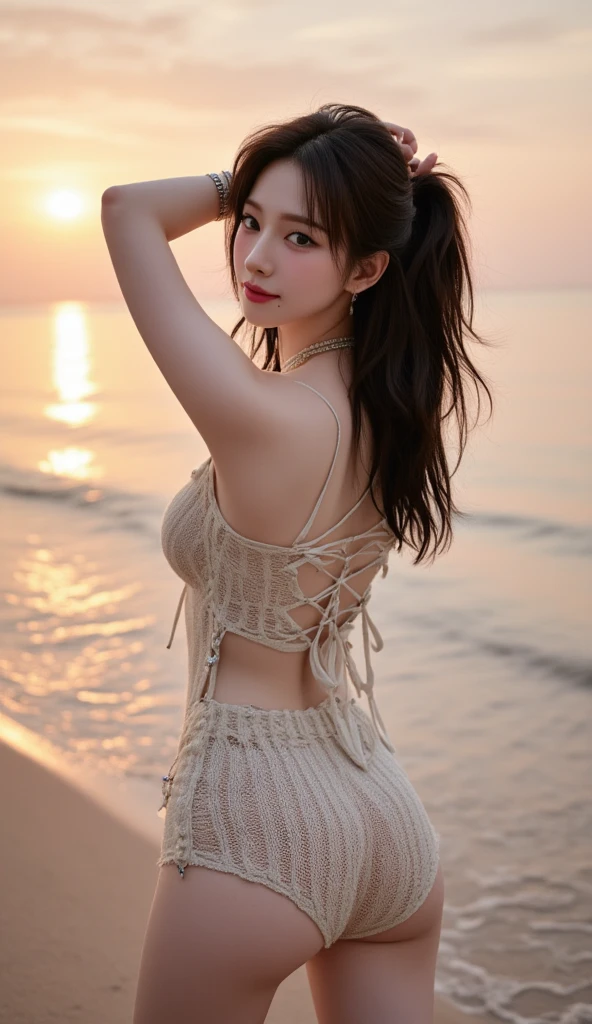 (Masterpiece, BestQuality:1.3), (ultra detailed:1.2), (hyperrealistic:1.3), (RAW photo:1.2),High detail RAW color photo, professional photograph, (Photorealistic:1.4), (realistic:1.4), ,professional lighting, (japanese), beautiful face, (realistic face), cute woman, (Brown Hair:1.5), (Big Breasts:1.3), (cheerful Smile:1.35), Trending Hair&Trending Hairカラーをランダムに, sexly, erotic sexly, (A beautiful woman in a black halter dress、She boldly shows her back and gives provocative glances on the beach at dusk.。Orange sky in the background、big earrings in ears。:1.4), Beautiful location, (Detailed Background))