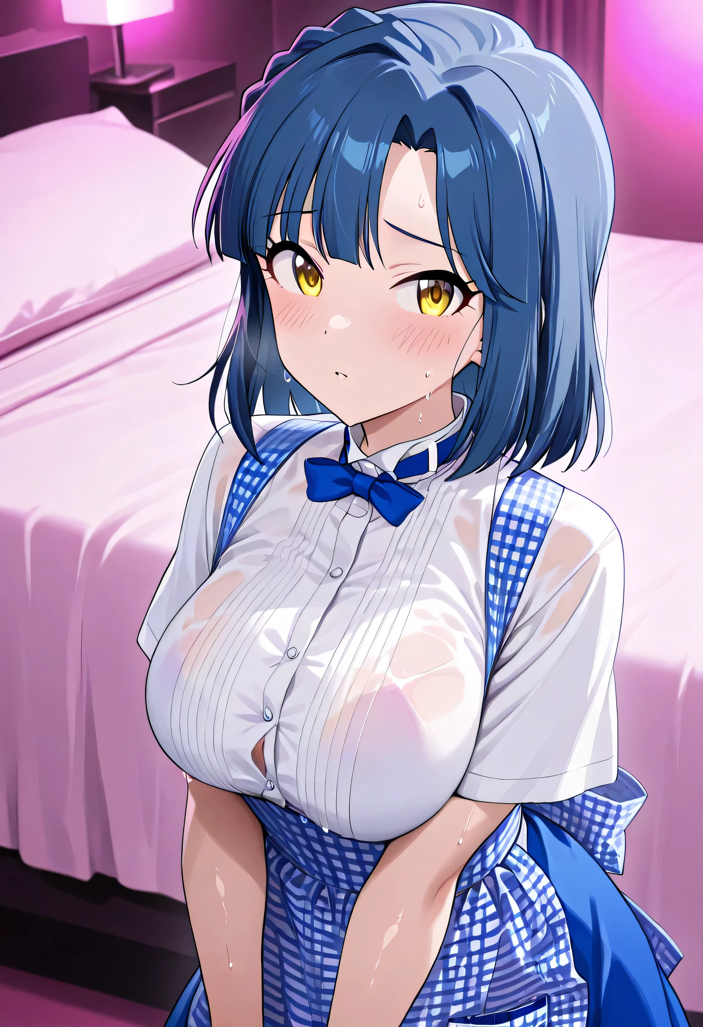 ((((masterpiece、Highest quality、High resolution)、anime)))、Navy Blue Hair、Beautiful big breasts、(Dynamic pose)、looking at the camera、(Beautiful detailed face、Beautiful big eyes)、((One beautiful girl))、Good sensitivity、((Sexy pose))、((Embarrassed face))、Red cheeks、Spread your legs、(((High resolutionのフルヌード、High quality hairless pussy、High quality nipples、High resolutionなクリトリス)))、Wet your pussy with love juice and feel pleasure、(((Blushing with a bitchy expression)))