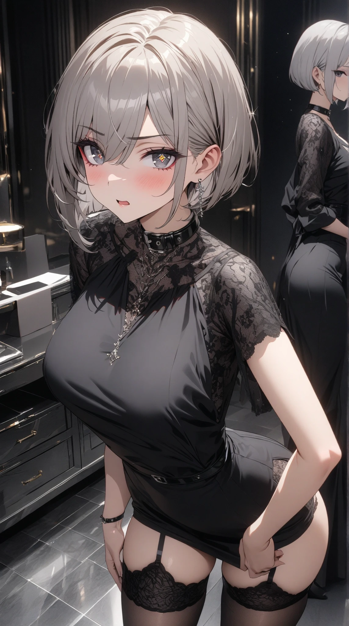 masterpiece, Highest quality, High resolution, One girl, alone, Anastasia (Idol Master), Idol Master cinderella girls, blue eyes, short hair, Grey Hair, Black Dress, Cowboy Shot, ,, upper_body,