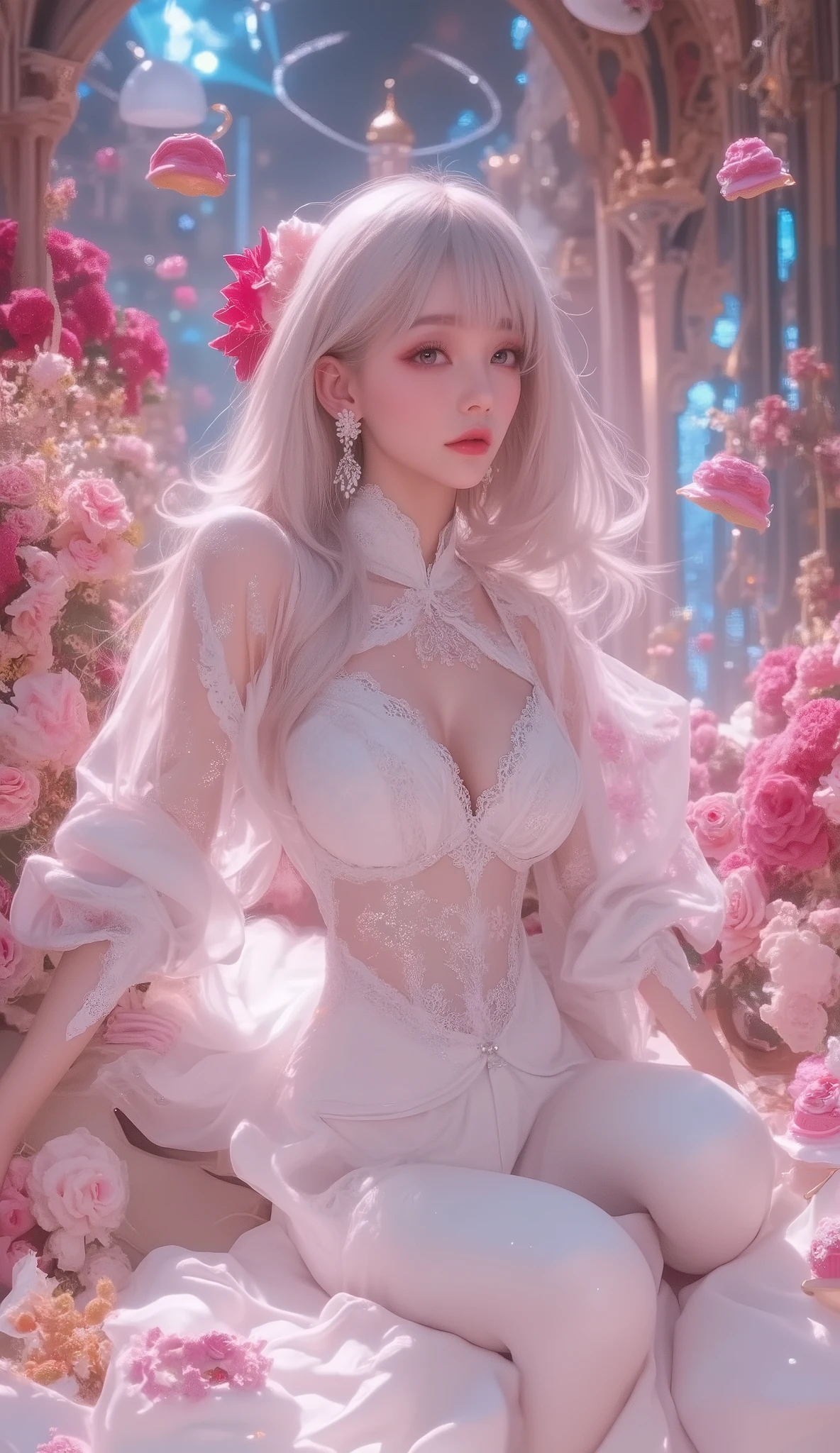 masterpiece, best quality, high quality, High definition, High quality texture, High quality shadow, high detail, beautiful detailed, finely detailed, extremely detailed cg, detailed texture, a realistic representation of the face, realistic, colorful, delicate, Cinematic Light, sidelighting, Lens Flare, Ray tracing, sharp focus, (1girl:1.3), (intricate details, makeup, PureErosFace_V1:0.5), (detailed beautiful delicate face, detailed beautiful delicate eyes, a face of perfect proportion, high detailed skin, detailed skin, best ratio four finger and one thumb, arms under breast, wide hips, smooth midriff, skinny and thin, nightdress fashion, white hair:1.3), bed room location