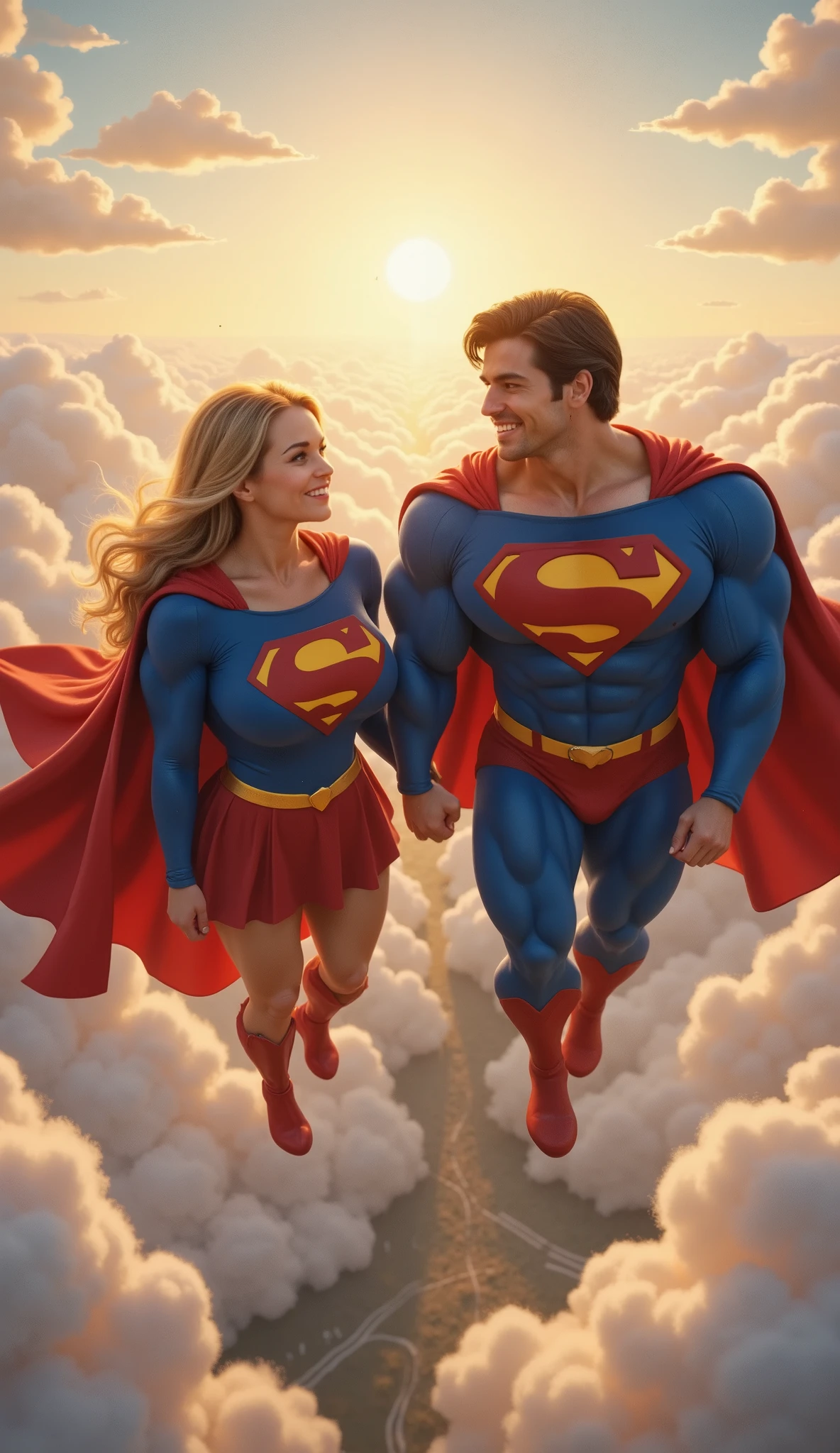 **"A breathtaking, ultra-detailed 8K cinematic illustration of Helen Slater as Supergirl and Christopher Reeve as Superman soaring through the sky together, hand in hand. Their capes billow behind them, catching the golden sunlight as they glide effortlessly above the clouds. Supergirl, with her radiant blonde hair flowing in the wind, wears her classic 1984 blue and red costume, complete with the iconic ‘S’ emblem on her chest, a short red skirt, and knee-high red boots. Her expression is warm and confident as she gazes at Superman with admiration and strength.
Superman, portrayed as the legendary Christopher Reeve, exudes power and grace in his classic 1978 suit, with a rich blue bodysuit, a flowing red cape, and a perfectly fitted yellow belt. His signature curl rests on his forehead as he smiles warmly at Supergirl, their bond of heroism and family evident. The intricate textures of their costumes, from the fabric’s subtle wrinkles to the embossed emblem details, are meticulously rendered.
The background features a stunning sky filled with soft clouds, illuminated by the golden hues of a setting sun. The sunlight reflects off their costumes, creating a cinematic glow that enhances the sense of warmth and nostalgia. The perspective captures them in mid-flight, a perfect moment of unity, strength, and heroism as they soar together, symbolizing hope and inspiration."**