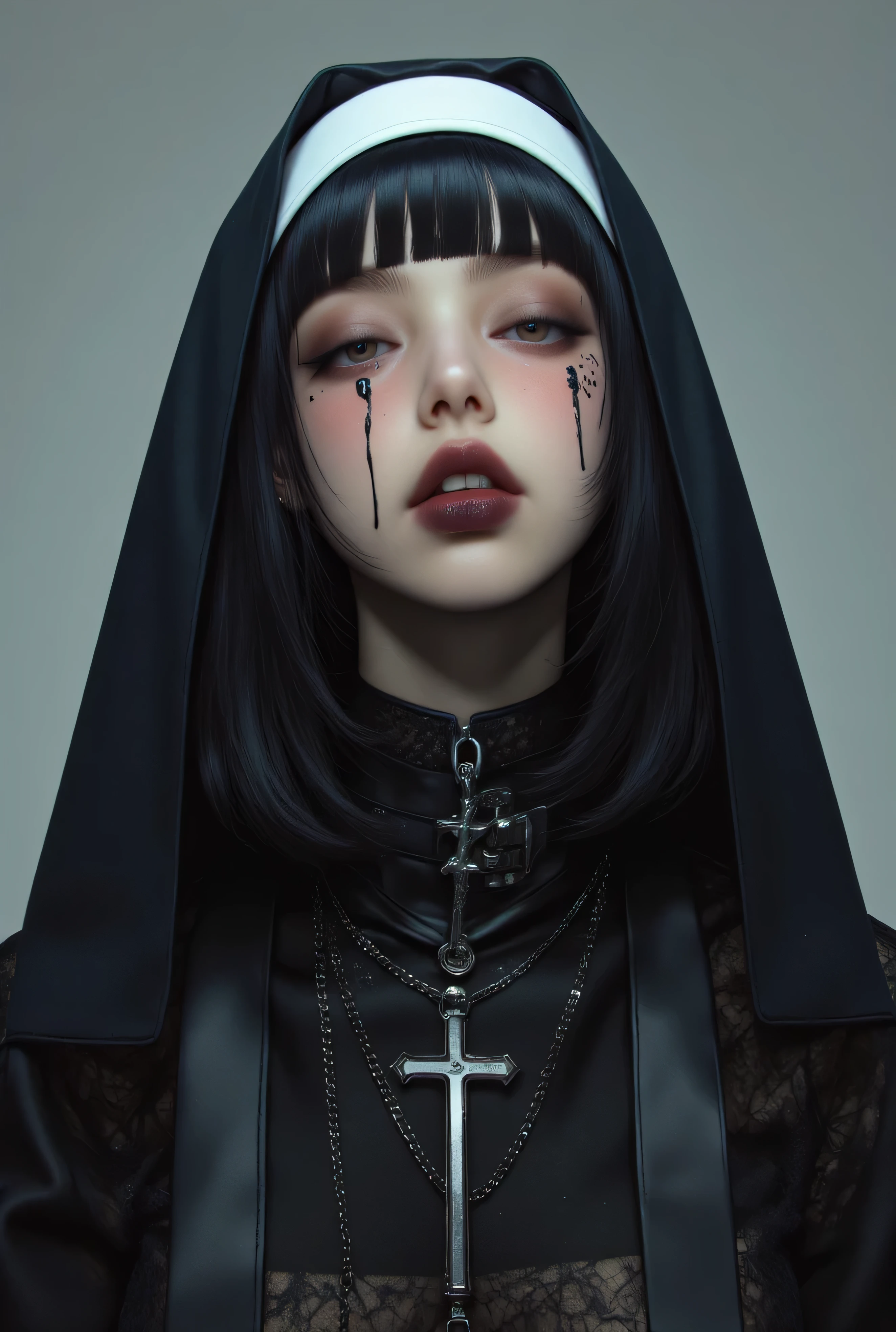 (1 girl, french bob black haircut, ,,, nun girl attire, oily skin, blush,wet skin, jennie kim, black lips