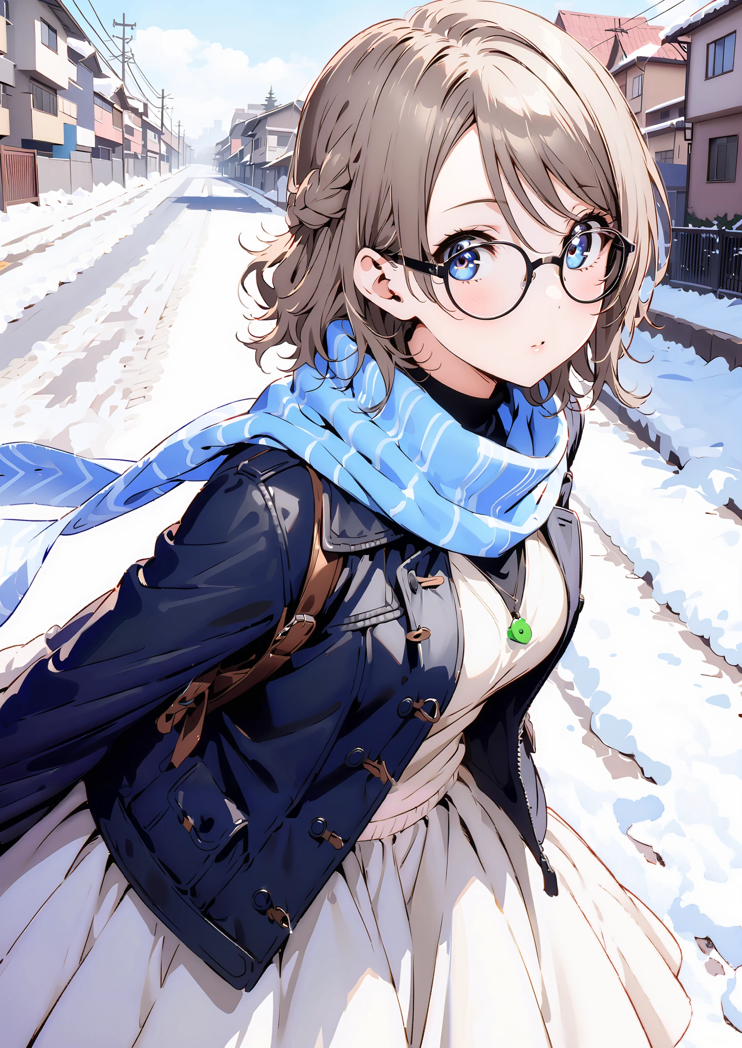 score_9, score_8_up, score_7_up, Alone, 1 girl, Watanabe, short hair,Medium breast,half updo,Glasses,, duffle coat,(sweater :1.2),( turtleneck:1.2),blue scarf , white long skirt,shoes, Bbo~,snow,morning,standing,full bodyがイラストに入るように,
break outdoors, residential area,
break looking at viewer,full body,
break (masterpiece:1.2),Highest quality , kampala, Unity 8K Wallpaper ,(shape:0.8),( fine, beautiful eyes :1.6),It's a person ,full body写真,CG Details , (perfect hands, complete anatomy),