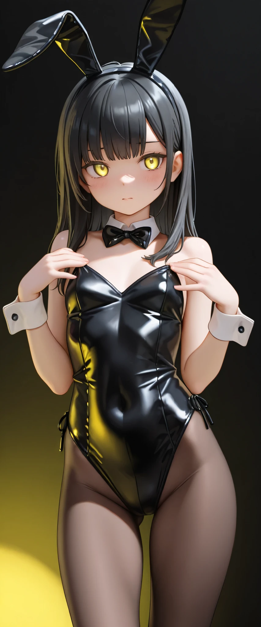 best quality,masterpiece,highres, 1girl, (black ponytail hairs:1.2), covered nipples, (black pleated skirt:1.2), fishnet stockings, rave, club, techno vibes, red eyes, arms behind back, medium breasts, <lora:see-through leotard-000004:1>, see-through leotard