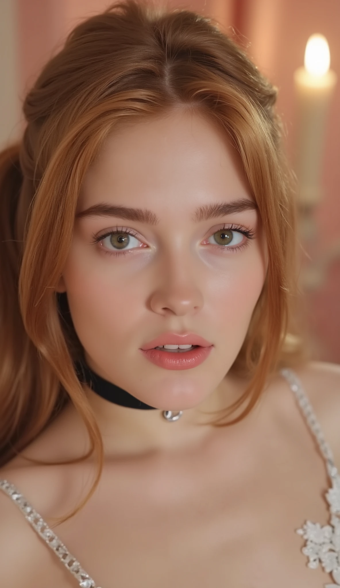 full body photo, 1 girl, jia, sexy 18 year old girl , pigtails, beautiful face, gorgeous, beautiful, beautiful, beautiful face, pale skin, parts, blonde hair, bright pink eyes, full and shiny lips, big lips, super thick lips, mega plump bimbo lips, half-open lips , light pink lip gloss , mask, skinny thighs, petite body, , busty abnormally huge breasts, colossal chest, skinny, body(body heigth:140cm), Big Head, innocent look, big pink eyes, (her eye color is bright pink), she has infected pink eyes, Young face, long pink nails, choker, feet and heels hd, micro plaid skirt , off her shoulders white tank top, white tight gathered stockings, black patent leather high heels, sweaty, on knees in a bedroom with candles and a soft warm light. (looking up at viewer) The colors of the room are pink and white , perfect eyes , very detailed eyes, beautiful and expressive , detailed eyes , 35mm photography, Movie, bokeh, professional, 4k, Highly detailed dynamic lighting, photorealistic, 8K, raw, rico, intricate details , desnuda, topless