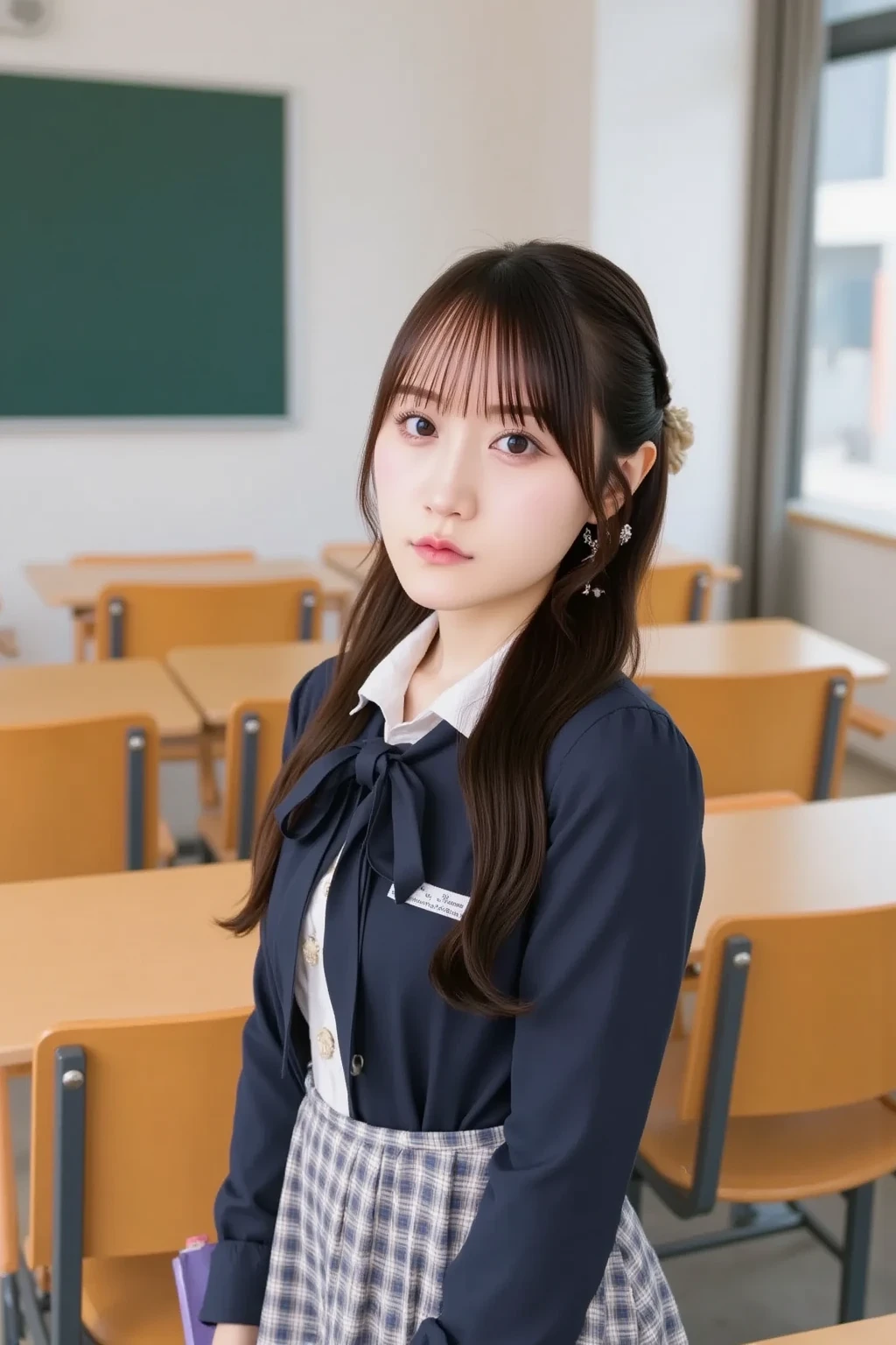 (masterpiece, highest quality:1.4), award-winning portraits, 8K, 85mm, alone, beautiful face, delicate girl, , (dark navy blazer jacket), dark navy skirt, long sleeve, violaces, gardenia, grace, Sophisticated, cute, teen, looking at the viewer, 15 years old, Raw photo, disorganized, HDR, sharp focus, A bow tie, background bokeh、(((flat 、thin and delicate body、A childish atmosphere)))、Her shiny semi-long hair is tied up、hair swaying in the wind、Mole on the left cheek、large, round, dark blue eyes、full body、random pose、Junior idol、Nogizaka Idol、widening skirt、jump、mole under eye、sexy、inside the classroom、no panties