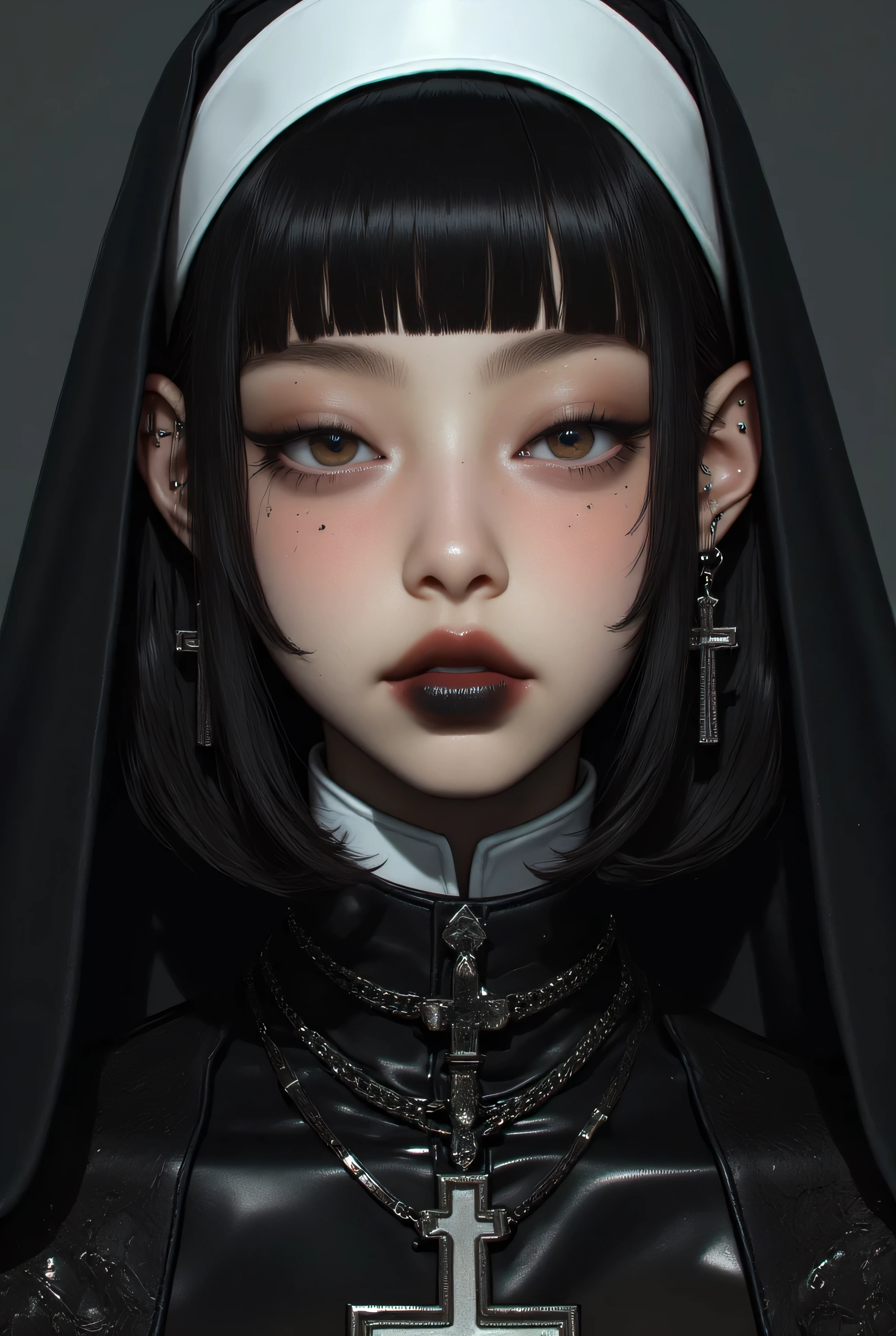 (1 girl, french bob black haircut, ,,, nun girl attire, oily skin, blush,wet skin, jennie kim, black lips