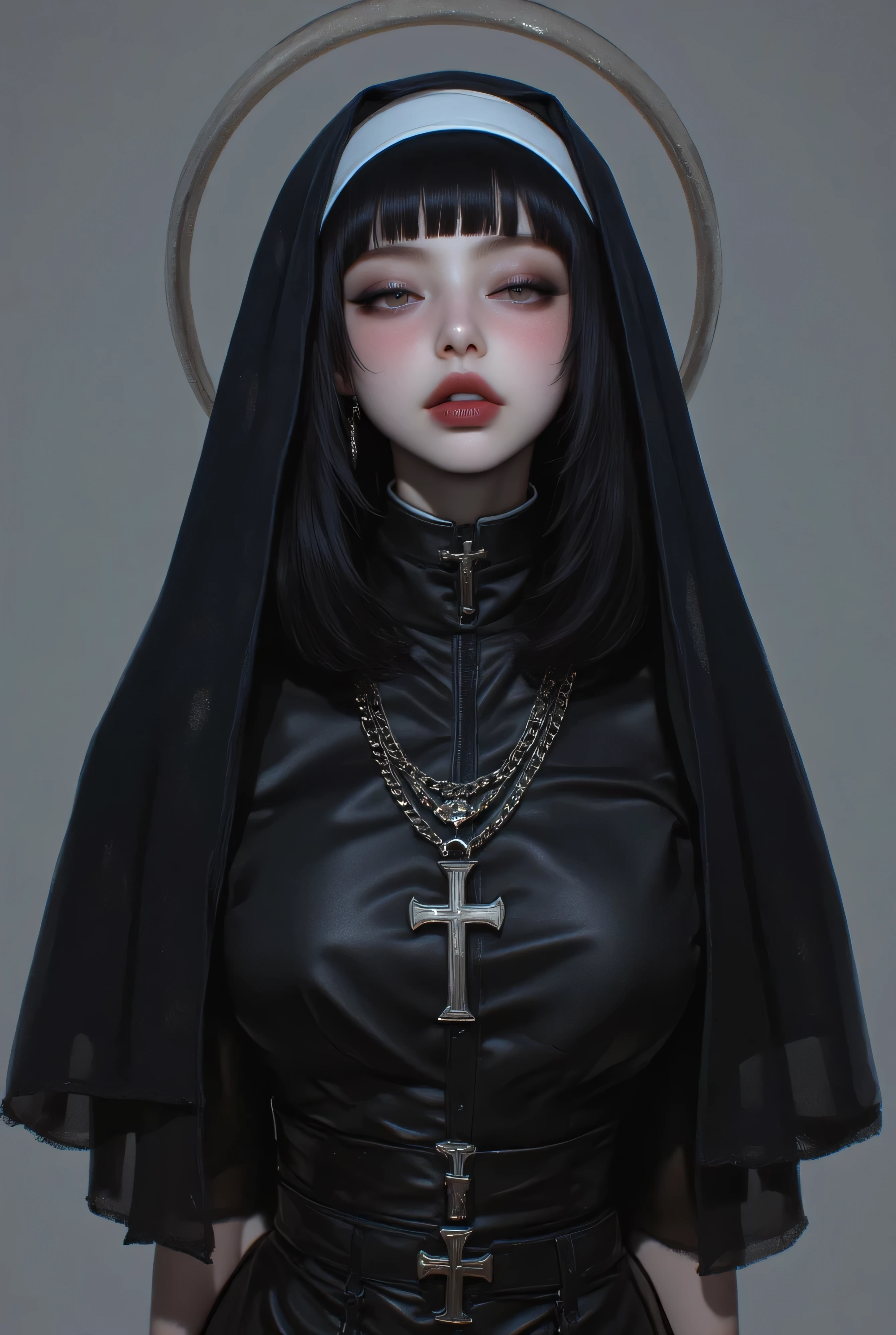 (1 girl, french bob black haircut, ,,, nun girl attire, oily skin, blush,wet skin, jennie kim, black lips