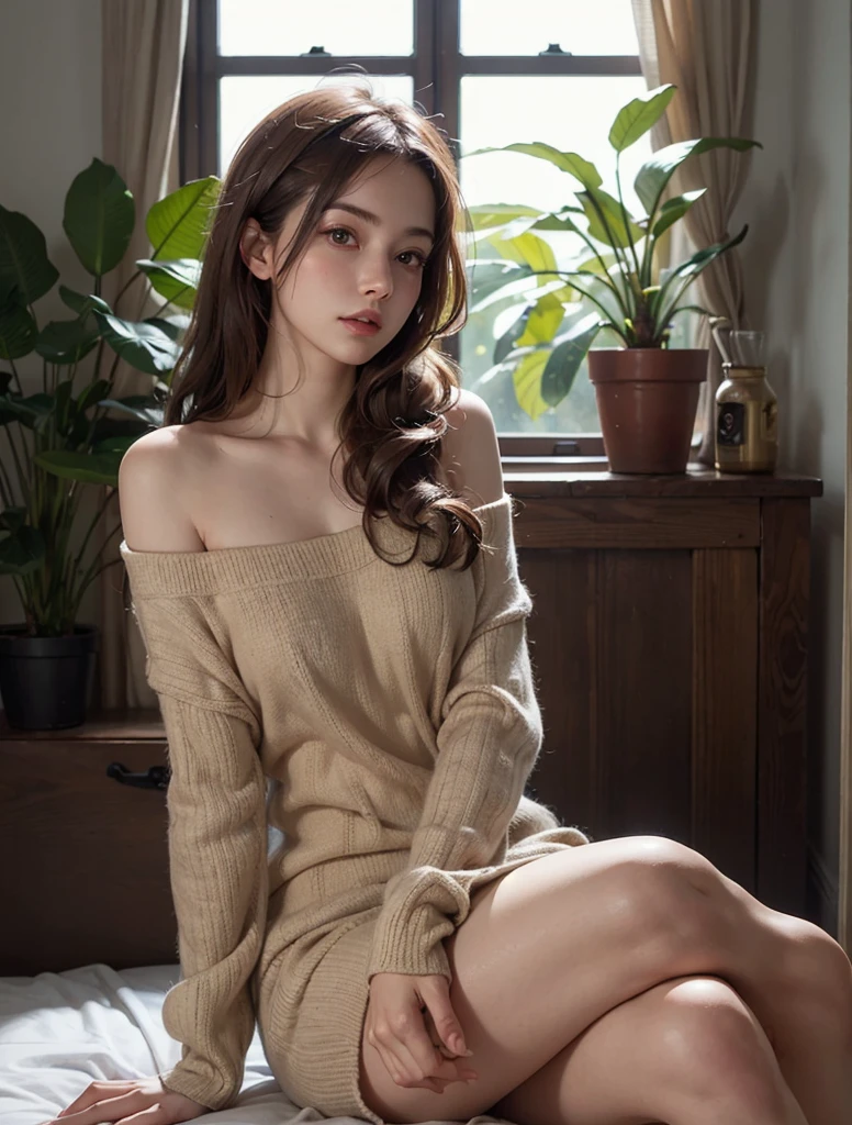 One Girl, 19 years old, alone, Long Hair, huge , View Viewer, Blonde, Exposing shoulders, Brown eyes, gem, whole body, necklace, Off the shoulder, sweater, Realistic, Sexy nude
