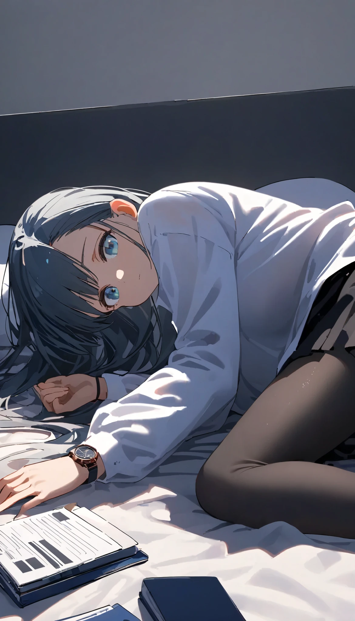 , Alone, lies, , in bed, indoors, lies in bed, black tights, long hair, asymmetrical bang ,flat chest, oversized long sleeve white shirt, see-through shirt , viewers, from below, Lying down with one knee up