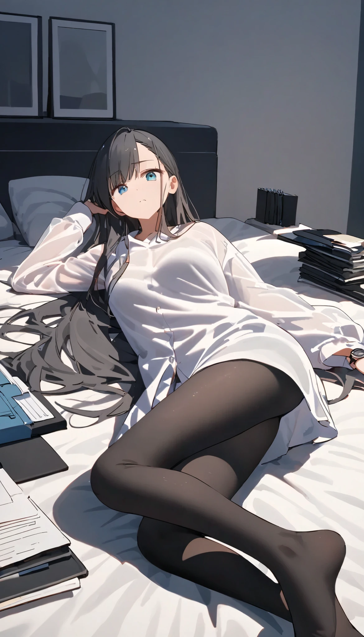 , Alone, lies, , in bed, indoors, lies in bed, black tights, long hair, asymmetrical bang ,flat chest, oversized long sleeve white shirt, see-through shirt , viewers, from below, Lying down with one knee up