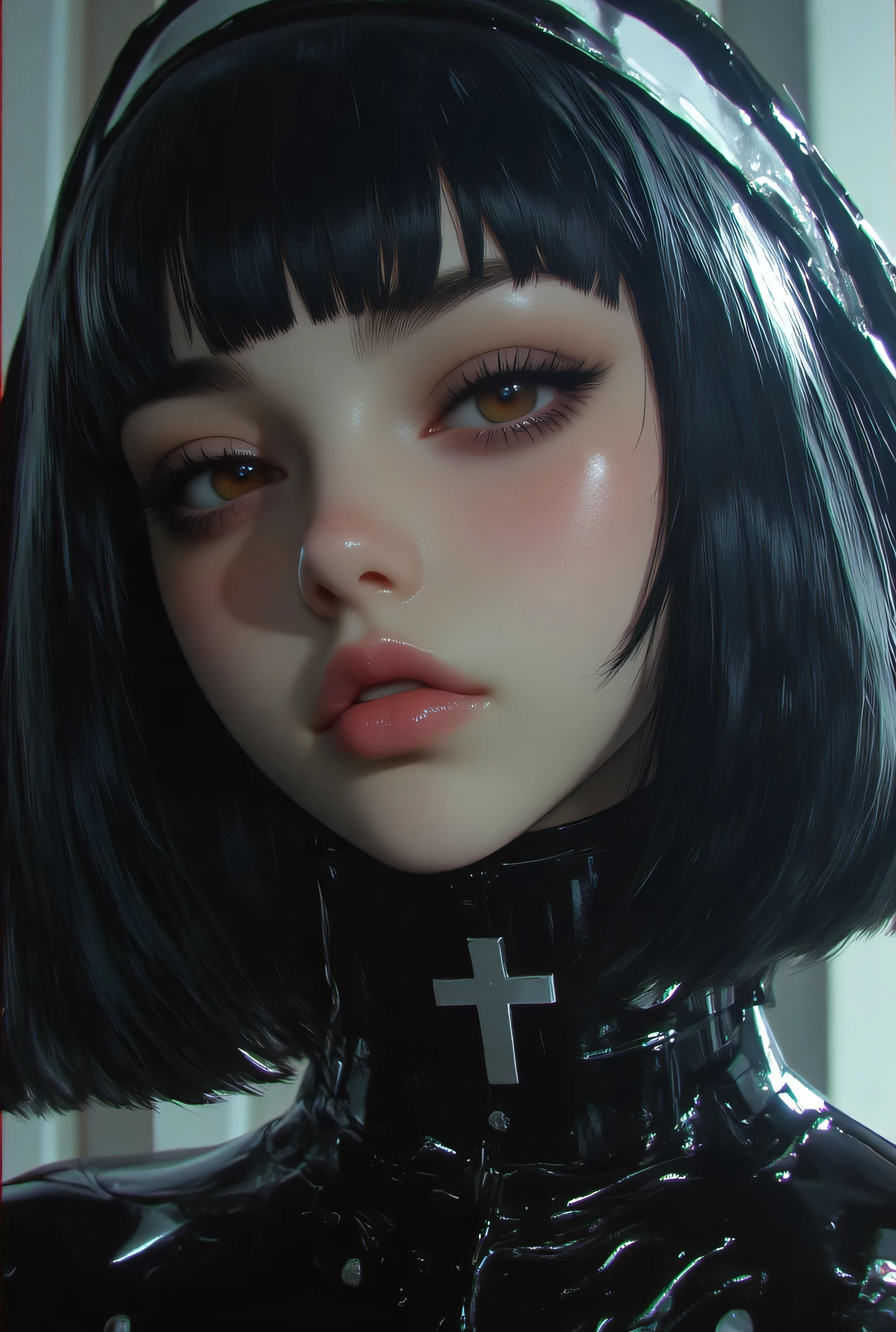 (1 girl, french bob black haircut, ,,, nun girl attire, oily skin, blush,wet skin, jennie kim, black lips, cleavage, big breast